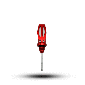 Close-up of a red CNC oil gauge against a black background. The oil gauge features a detailed, machined design with silver accents.