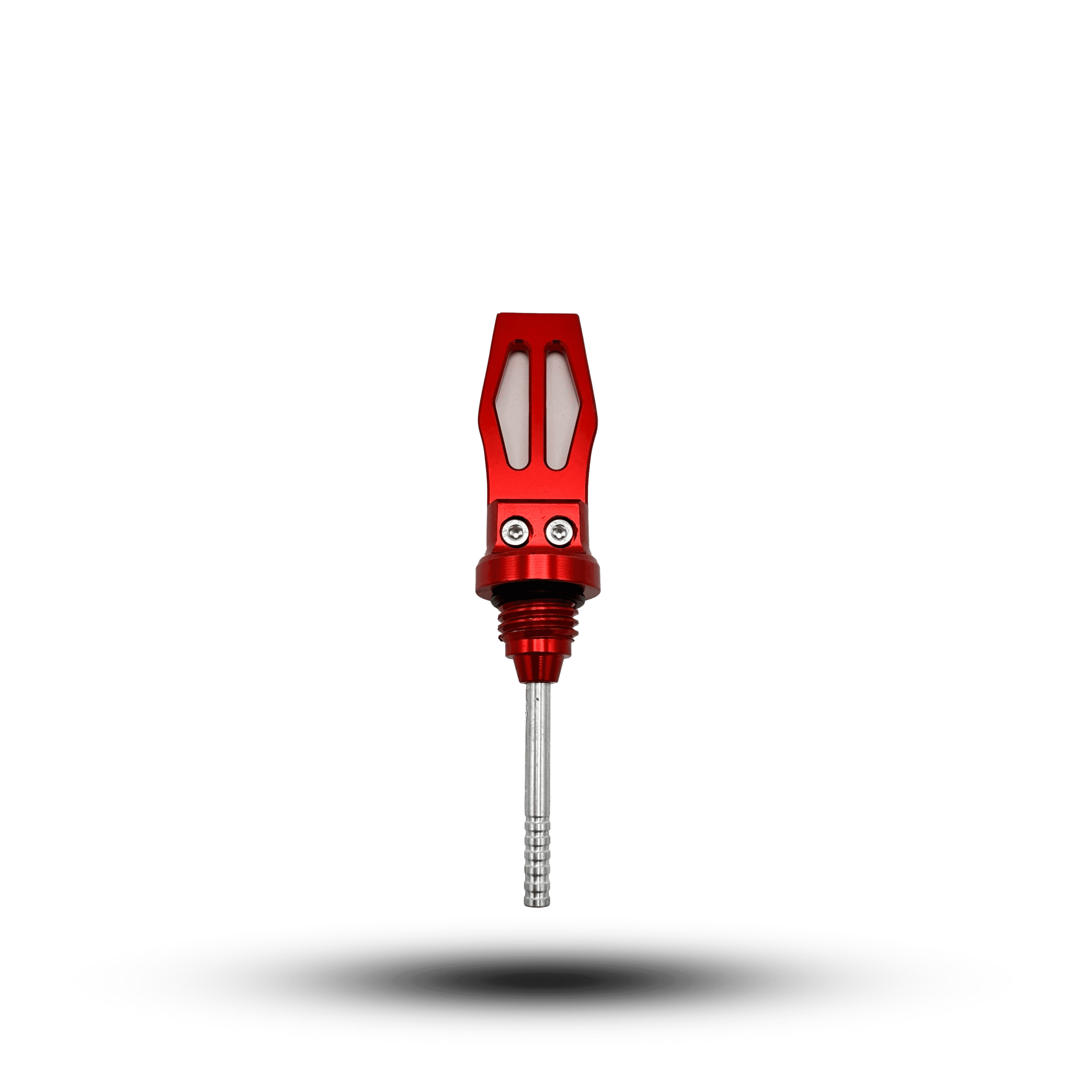 Close-up of a red CNC oil gauge against a black background. The oil gauge features a detailed, machined design with silver accents.