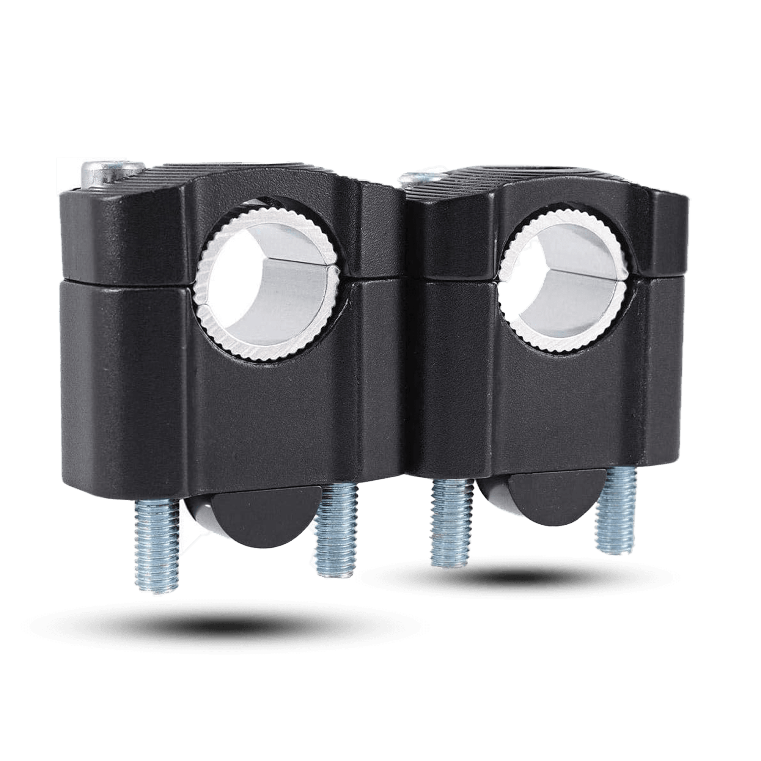 Black handle bar riser set with silver inserts and bolts, designed to elevate handlebars for improved comfort and control.