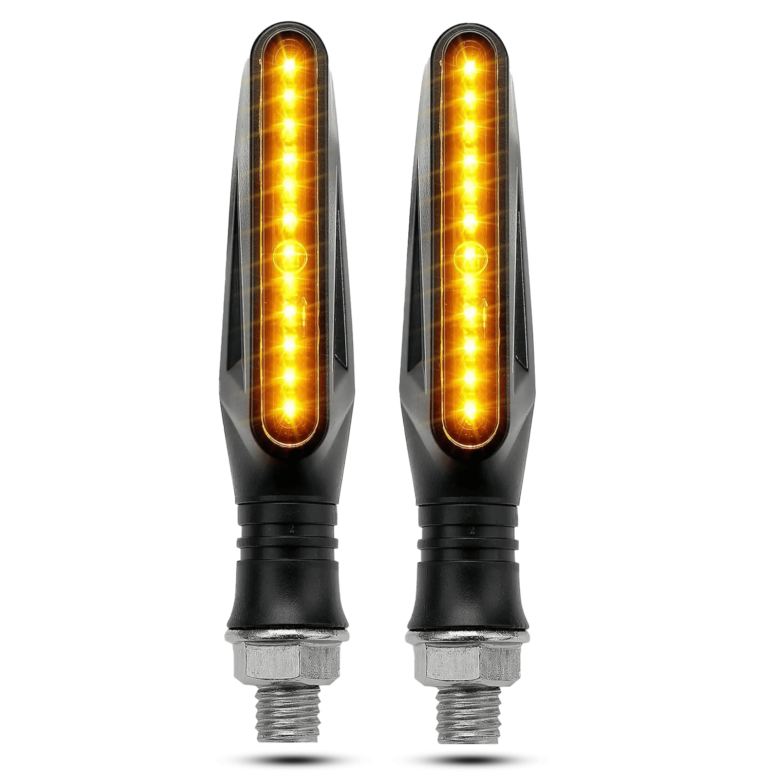 "Close-up details of LED turn signal light showing stainless steel mounting bolt, 12 LED lamp beads, HD transparent shell, and flexible anti-break rubber stem."