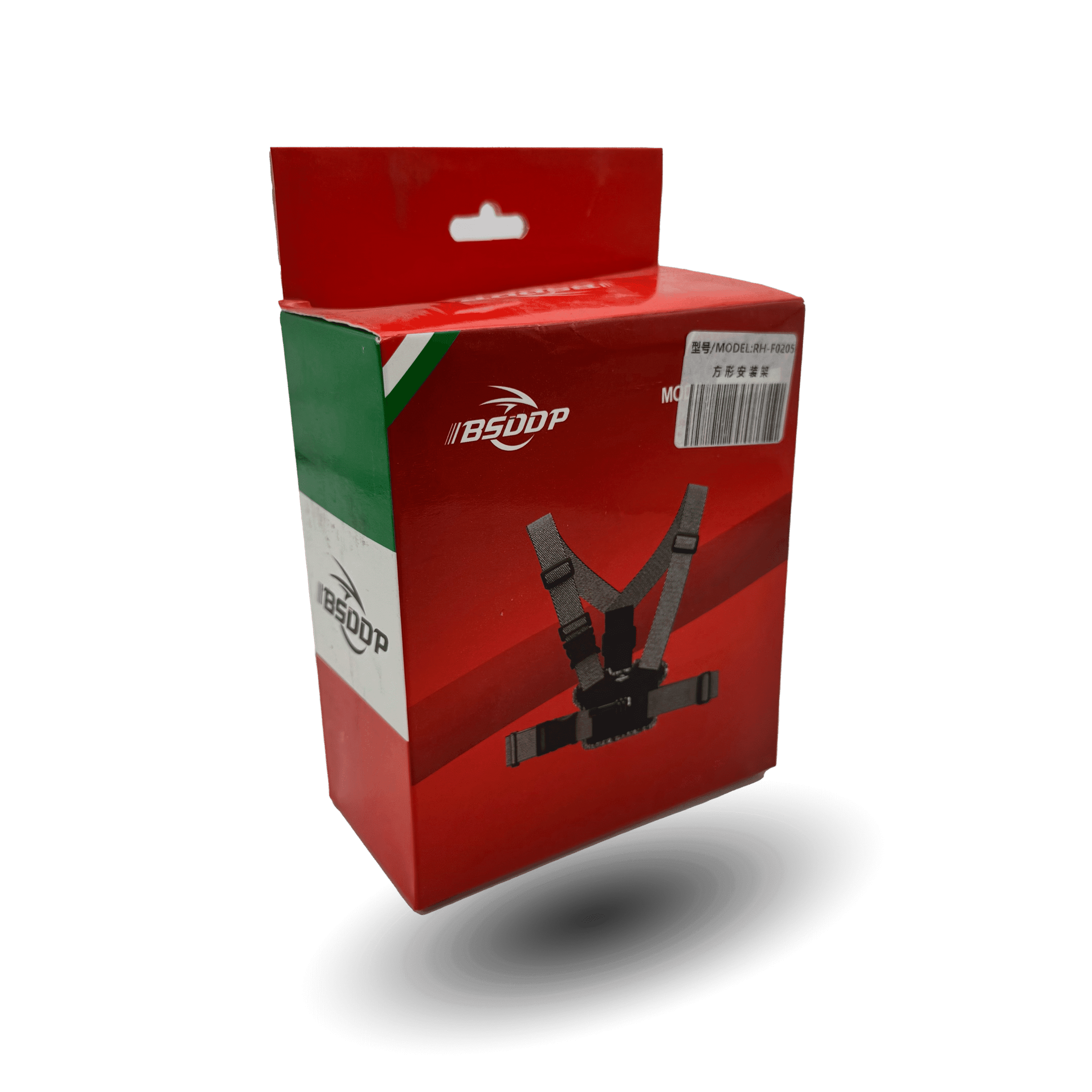 Box for a bsddp chest mount, featuring a harness image on the red and green packaging.