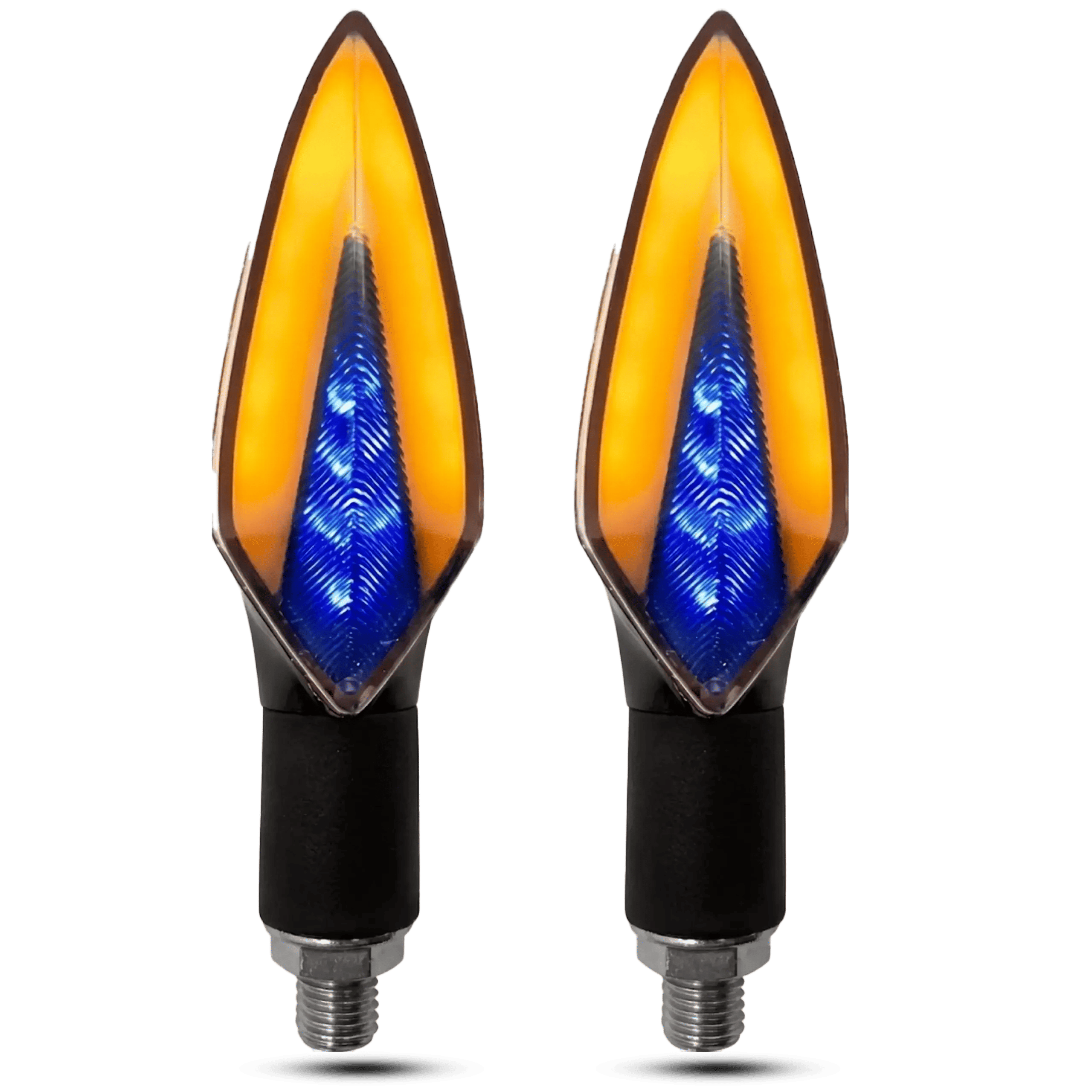 Pair of arrow-shaped motorcycle LED turn signals featuring a blue inner DRL light and outer flowing amber indicator on a black background.