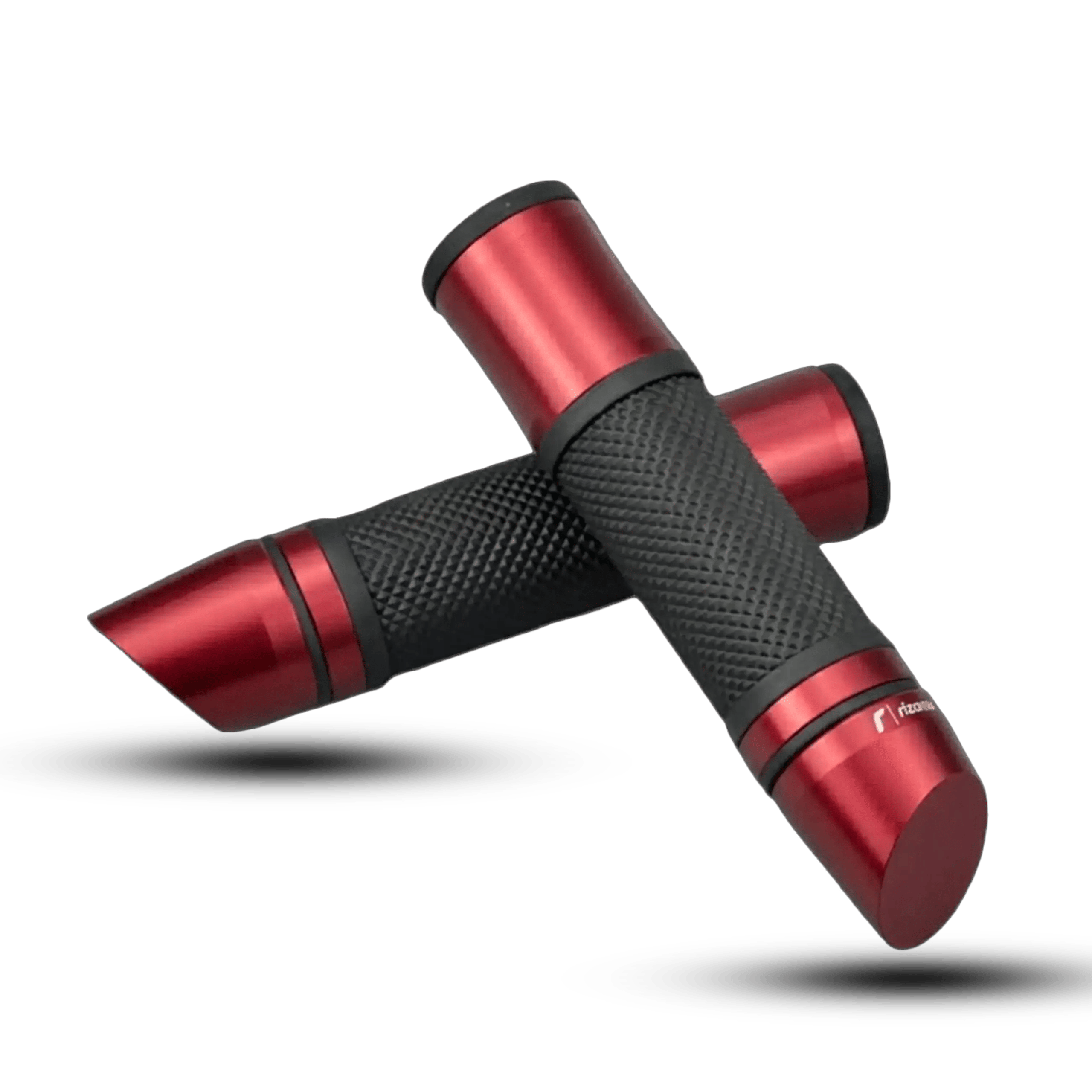 A pair of black and metallic red motorcycle handlebar grips featuring a textured diamond-pattern rubber grip and anodized red metal accents on the ends, isolated against a black background.
