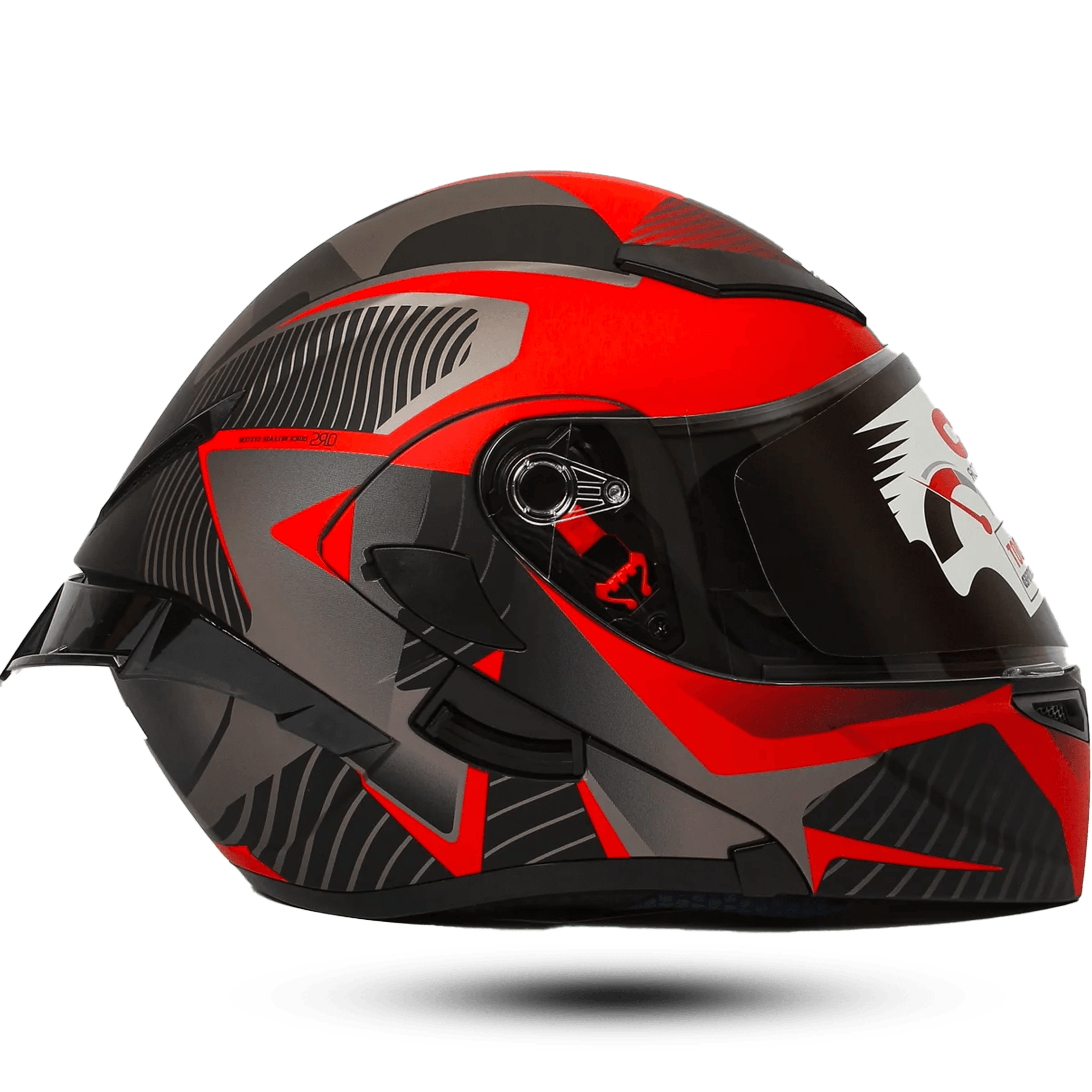 Red, grey, and black helmet vector revo red with sharp graphic design, aerodynamic shape, and dark visor.