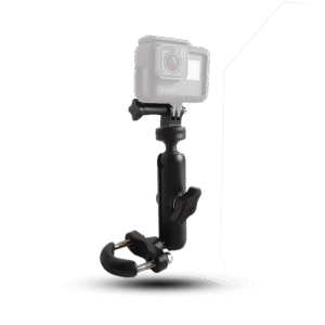 Black motorcycle or bike camera holder with a handlebar/mirror mount and an attached,
