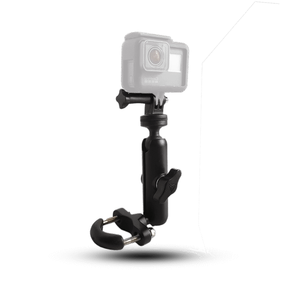 Black motorcycle or bike camera holder with a handlebar/mirror mount and an attached,