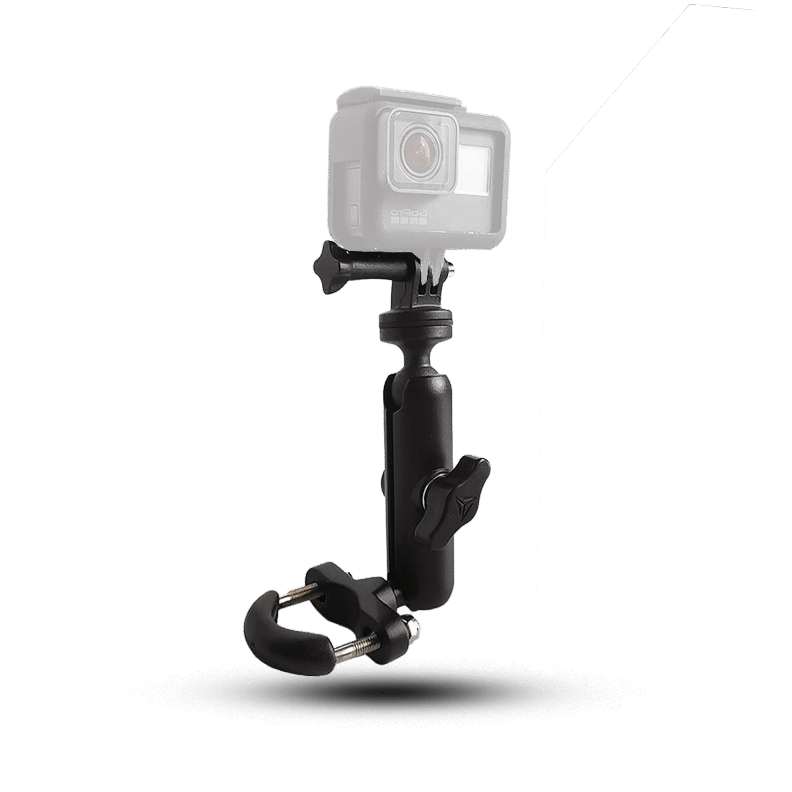 Black motorcycle or bike camera holder with a handlebar/mirror mount and an attached,