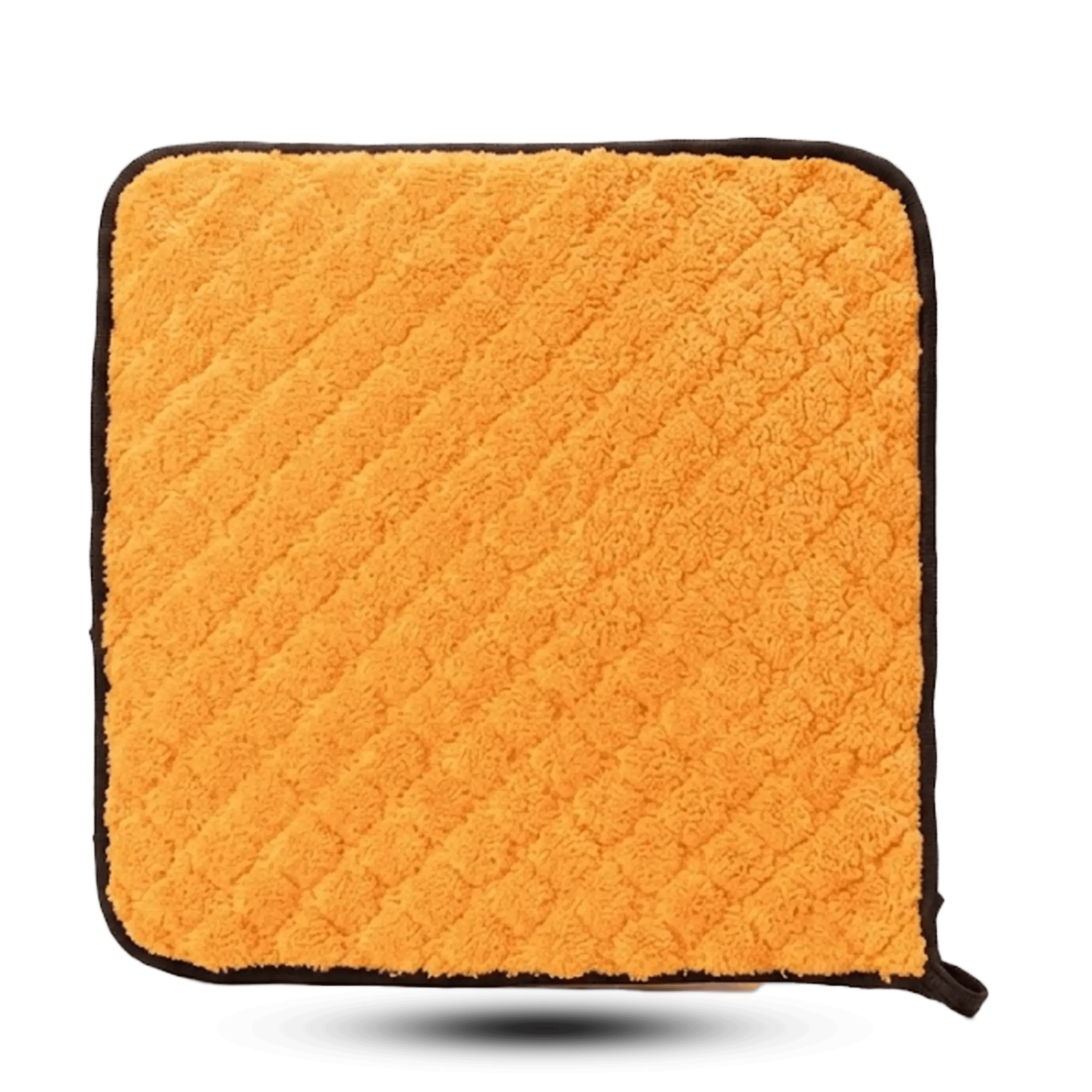 Quilted orange microfiber cleaning cloth with black stitched border and hanging loop.