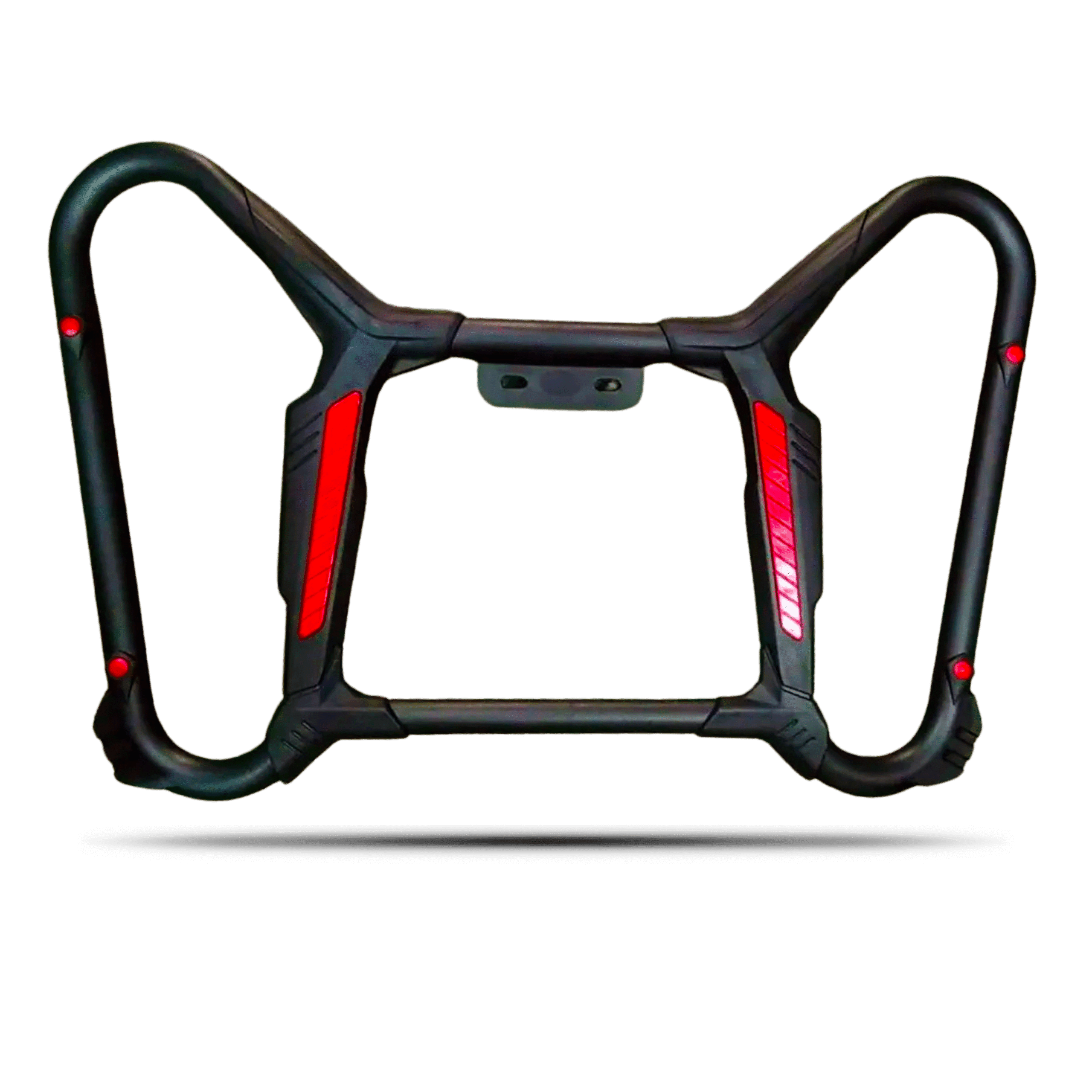 Black abs crash guard butterfly with red reflective accents, tubular frame design for motorcycle protection