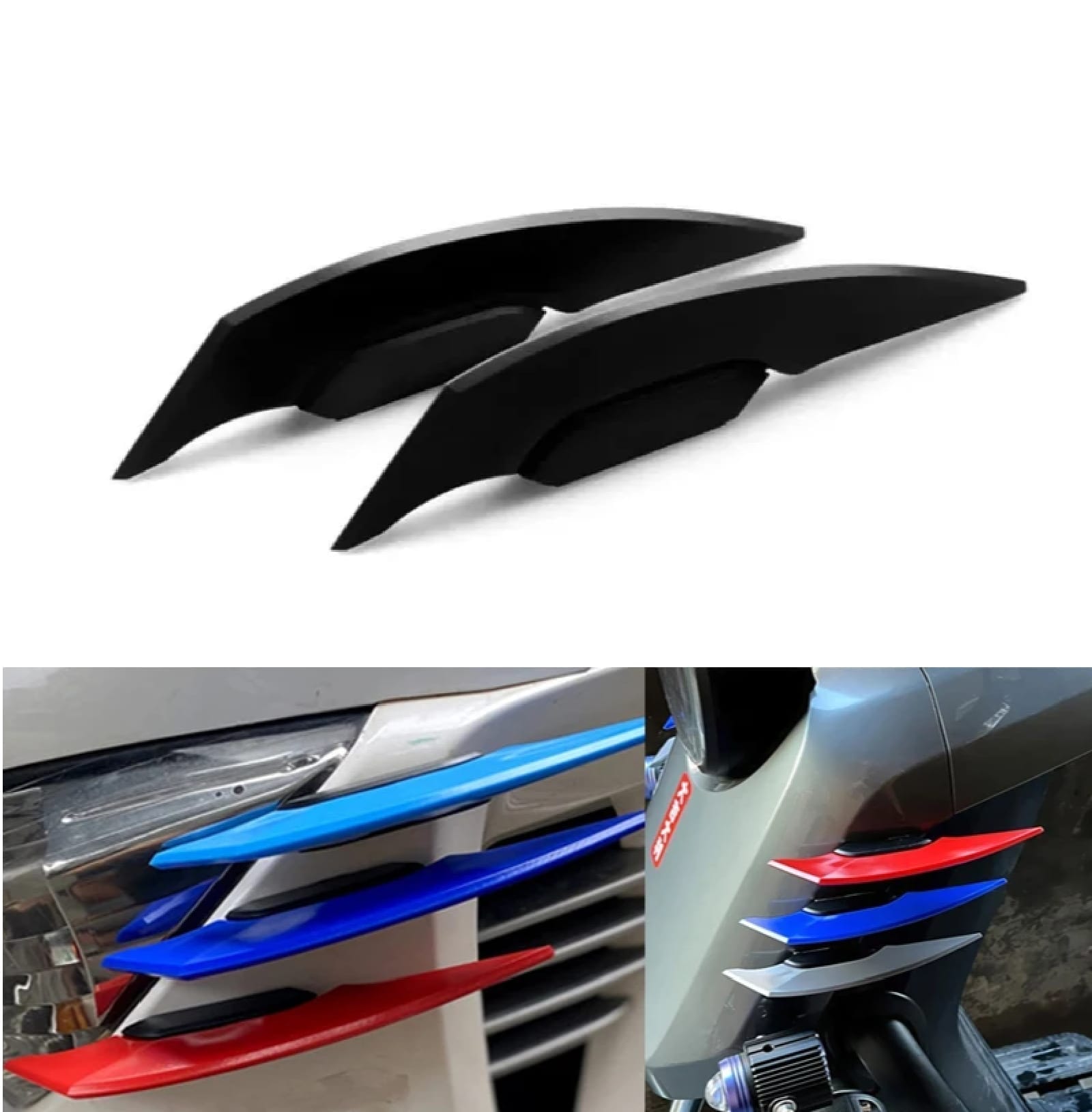 Black eye brows for vehicle headlights, also shown installed in red, blue, and silver, adding a custom look