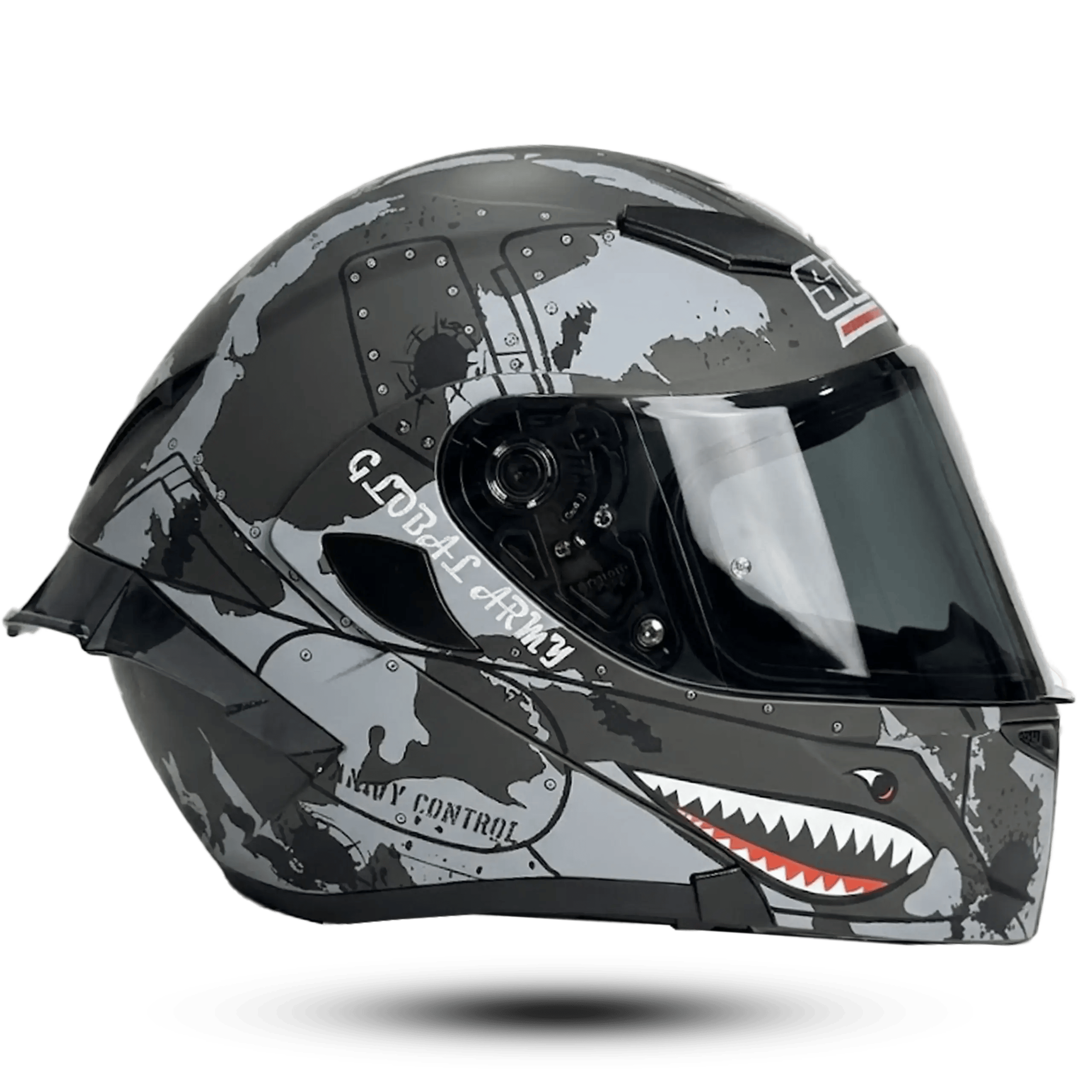 Side profile of a matte grey Super Air 902 Modular motorcycle helmet featuring a military aviation-inspired shark face graphic on the chin bar with sharp teeth and red gums, a riveted metal panel "Global Army" design across the shell, bullet hole details, a dark tinted visor, and a black aerodynamic rear spoiler, isolated on a black background.