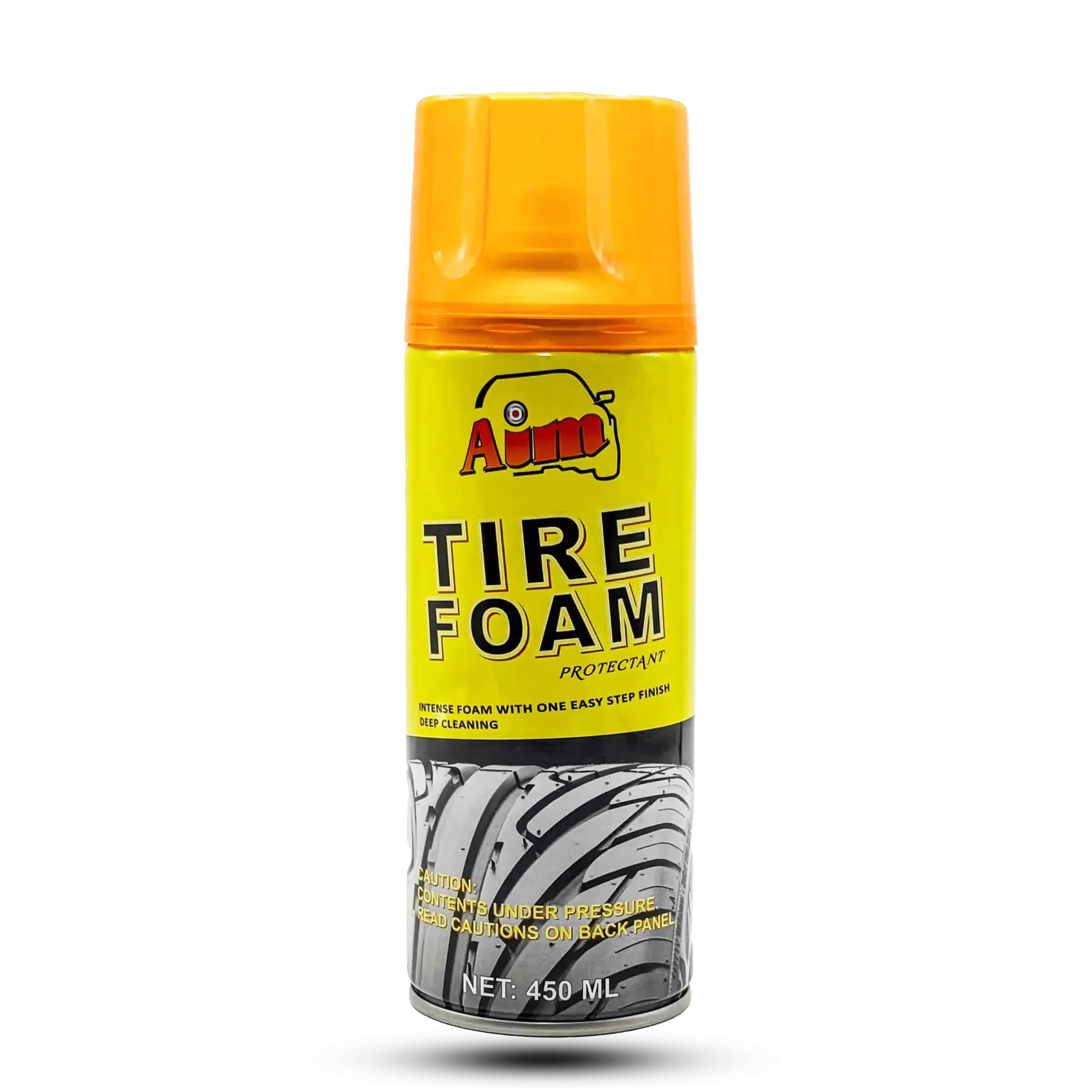 Aim Tire Foam Protectant 450ml spray can with a bright yellow label and orange cap, showing a high-detail tire tread, used for deep cleaning and shining tires.