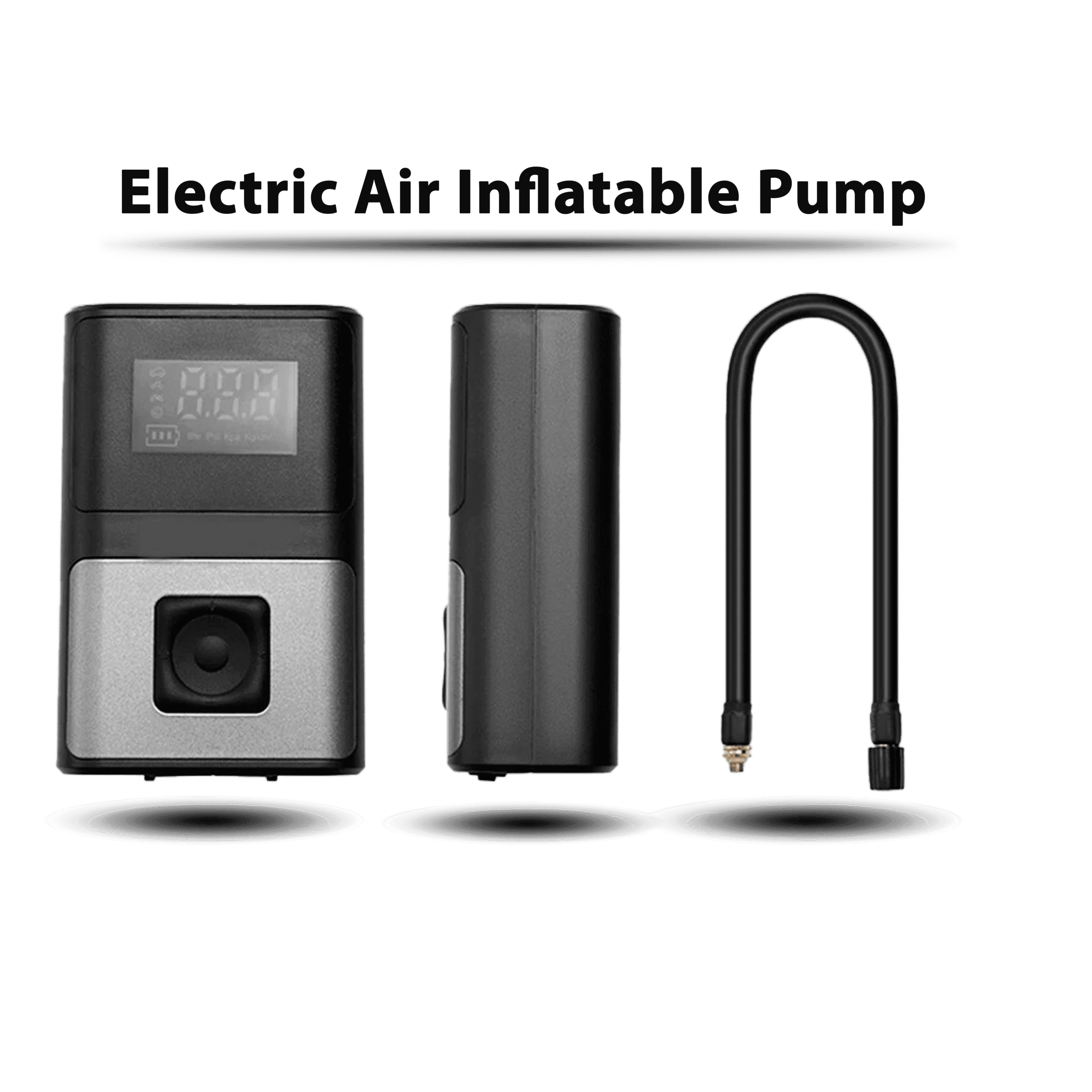 Black and silver electric air pump with digital display and flexible hose, a portable inflator for tires and more.