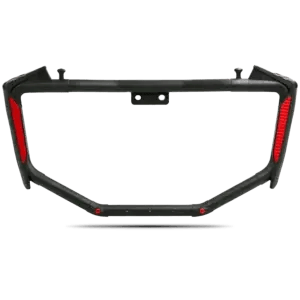 frront view of universal fit bat style bike crash guard with red reflectors and helmet hooks.