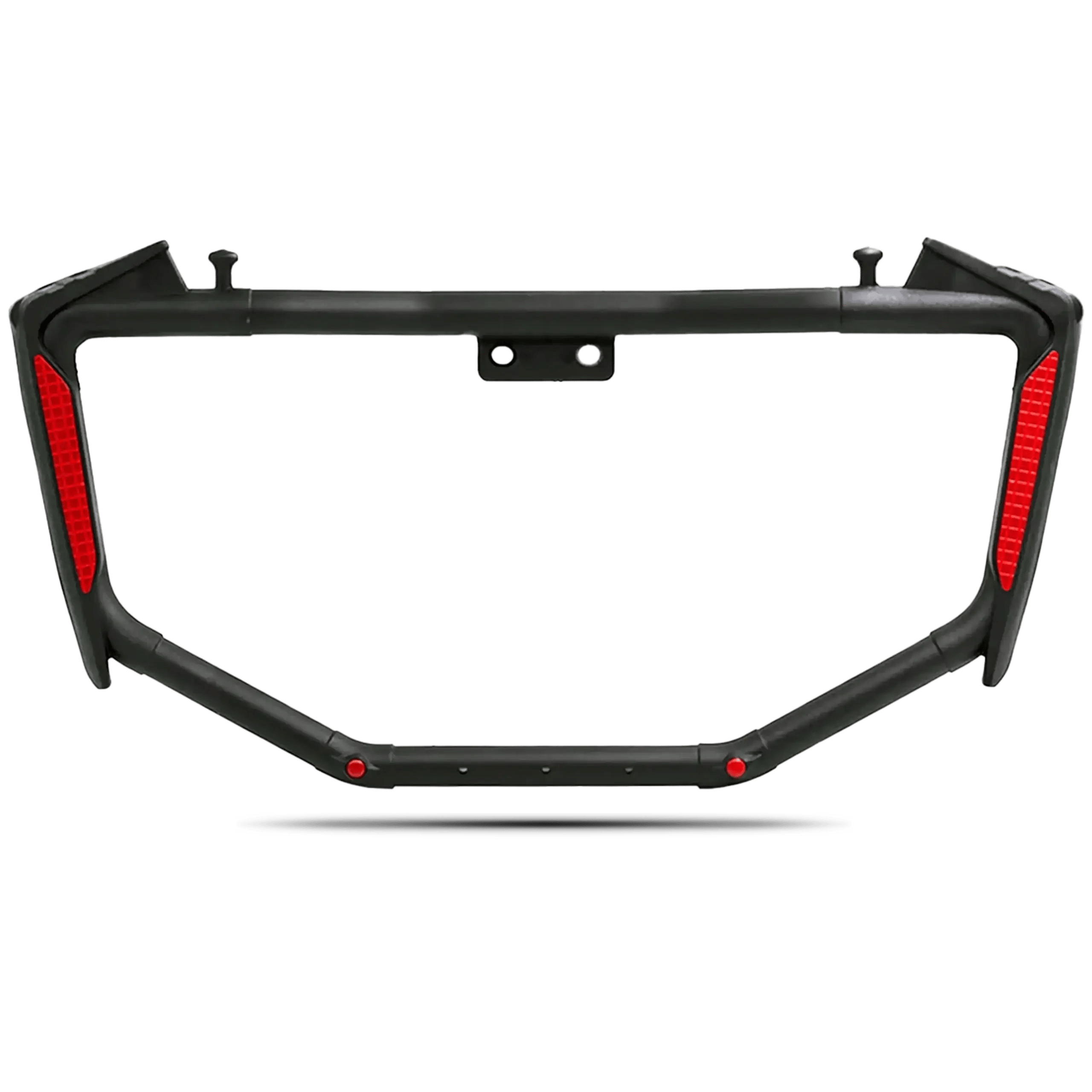 frront view of universal fit bat style bike crash guard with red reflectors and helmet hooks.