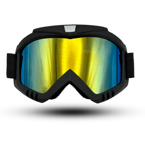 "Motorcycle skull face mask with reflective lens, fits any half-face helmet"