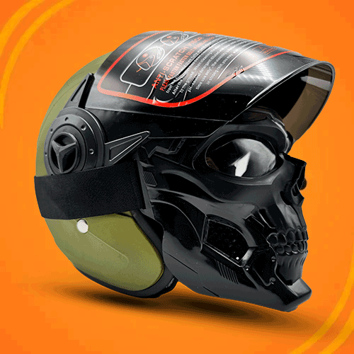 Olive green motorcycle helmet with a black skull mask visor, a cool riding gear option available at FancyBikes.pk, your source for motorcycle accessories Pakistan.