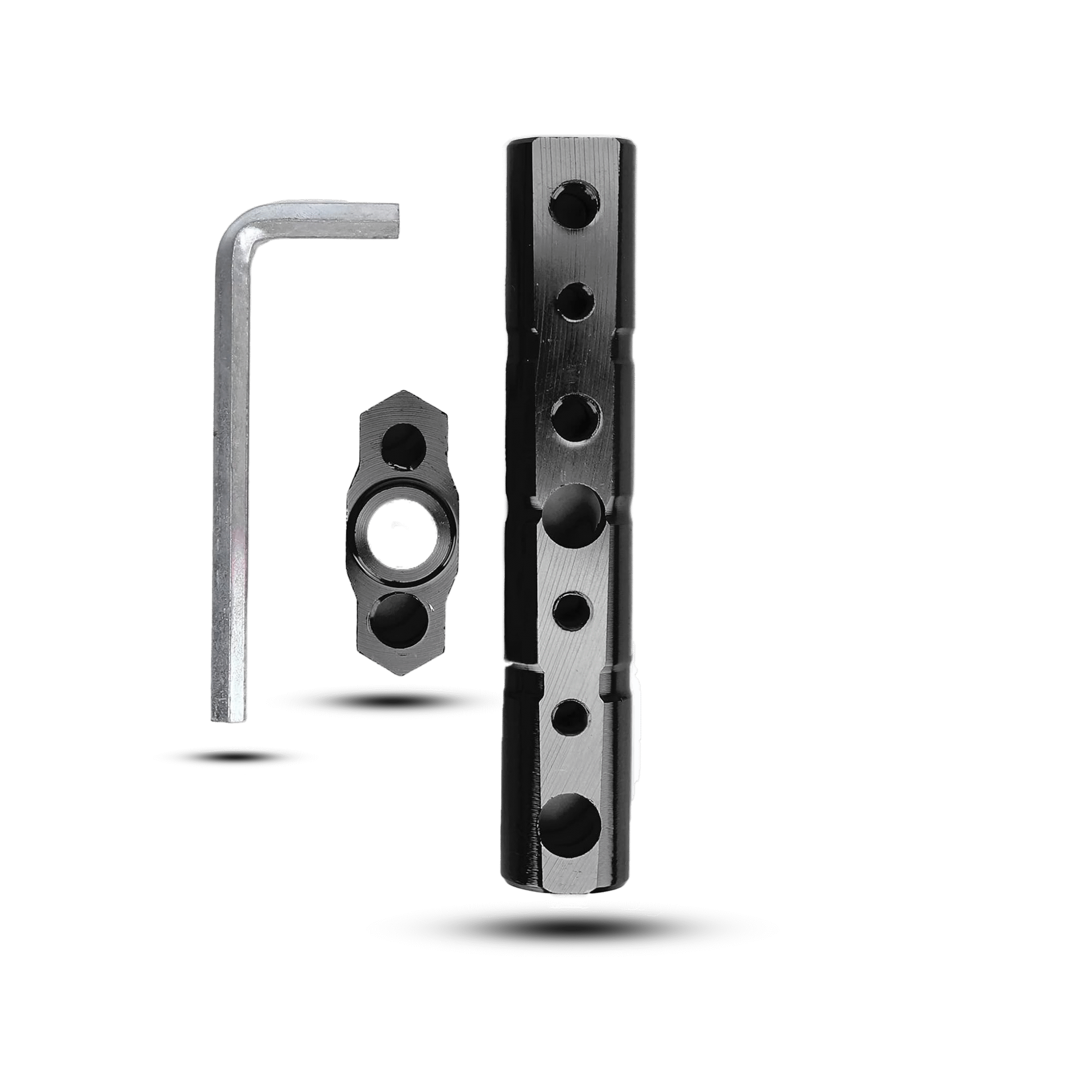 Silver metal extension rod with multiple mounting holes, accompanied by a small metal component and an Allen wrench, displayed on a black backdrop.