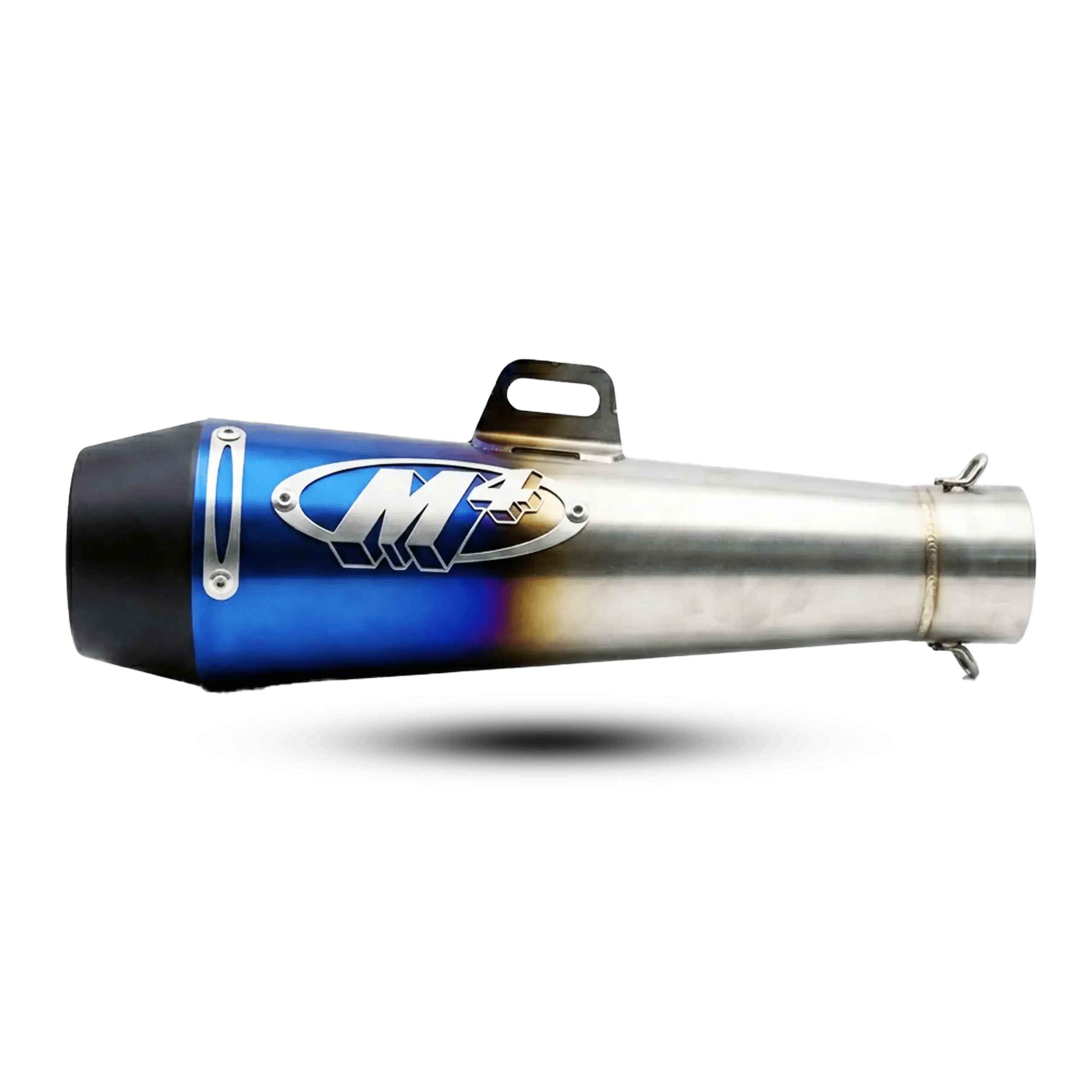 An M4 motorcycle slip-on exhaust featuring a striking burnt blue to silver titanium-style color gradient, an M4 logo badge, and a top mounting bracket.