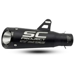 Side view of a matte black SC Project motorcycle exhaust with silver laser-etched branding and a conical racing tip.
