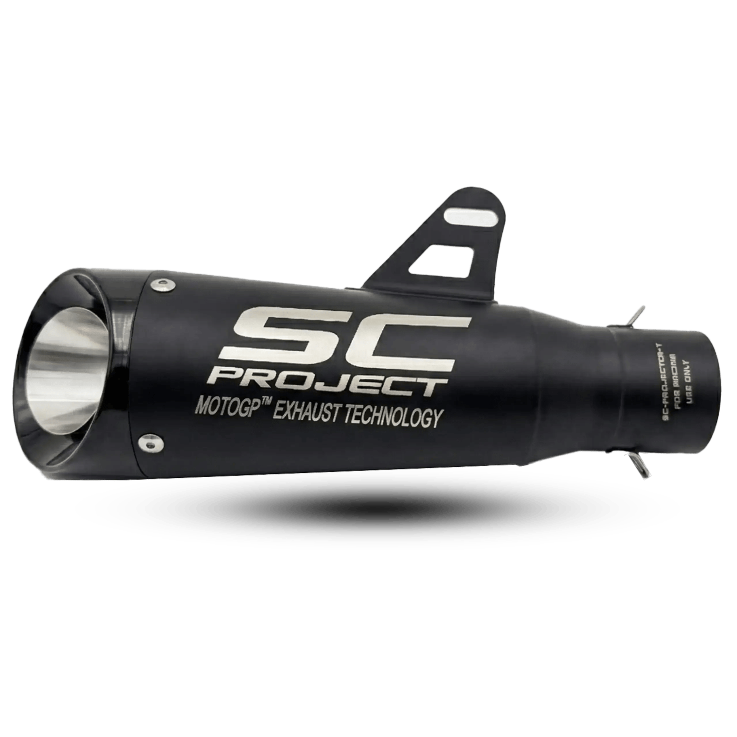 Side view of a matte black SC Project motorcycle exhaust with silver laser-etched branding and a conical racing tip.