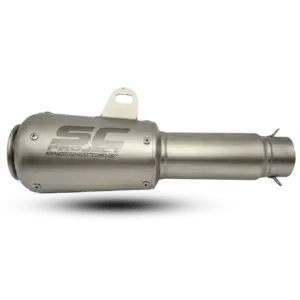 Concise: SC Project Advanced Exhaust Technology slip-on muffler in a silver titanium finish.