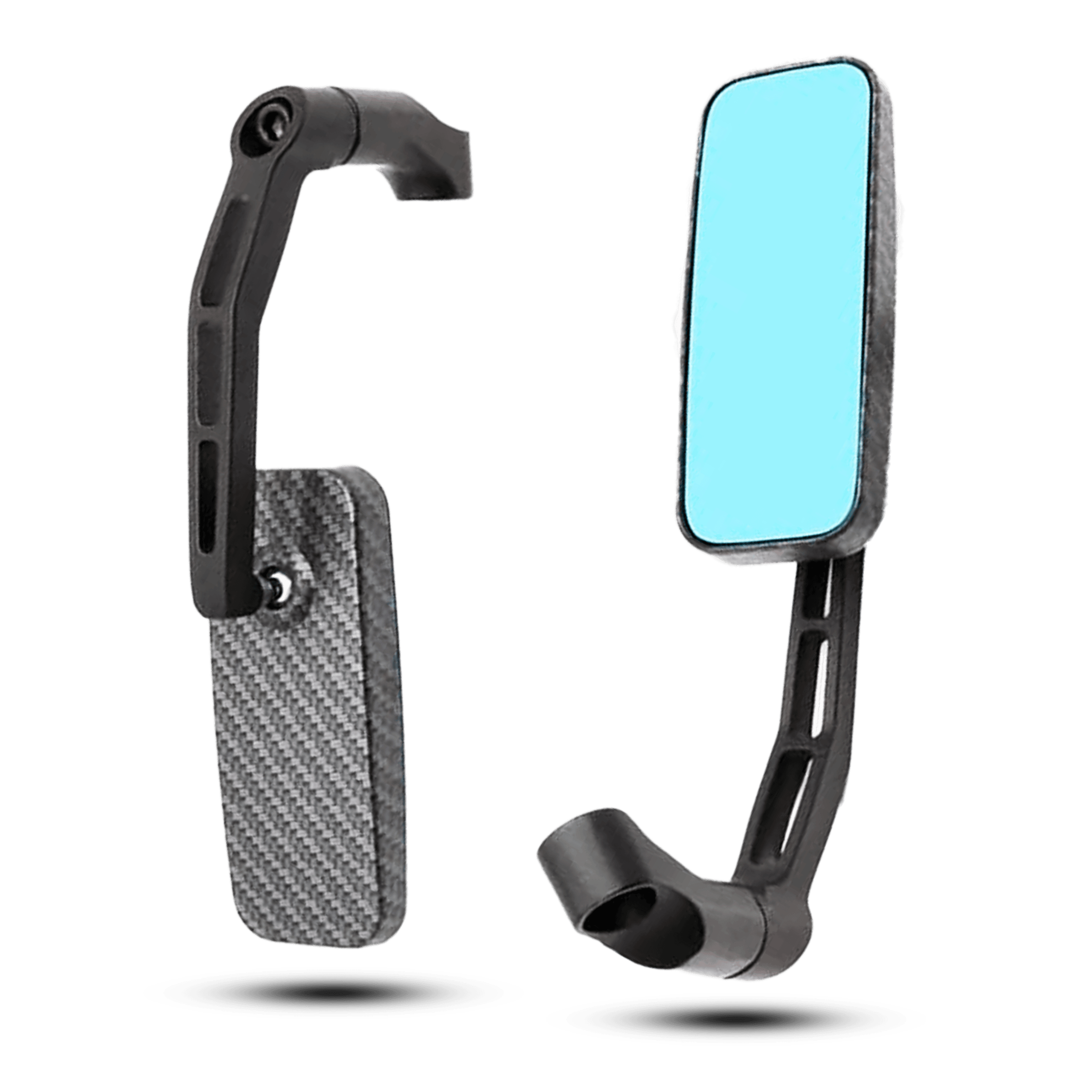 Pair of side mirror 360 view, one with blue reflective surface and the other showing carbon fiber texture, both with black adjustable arms.