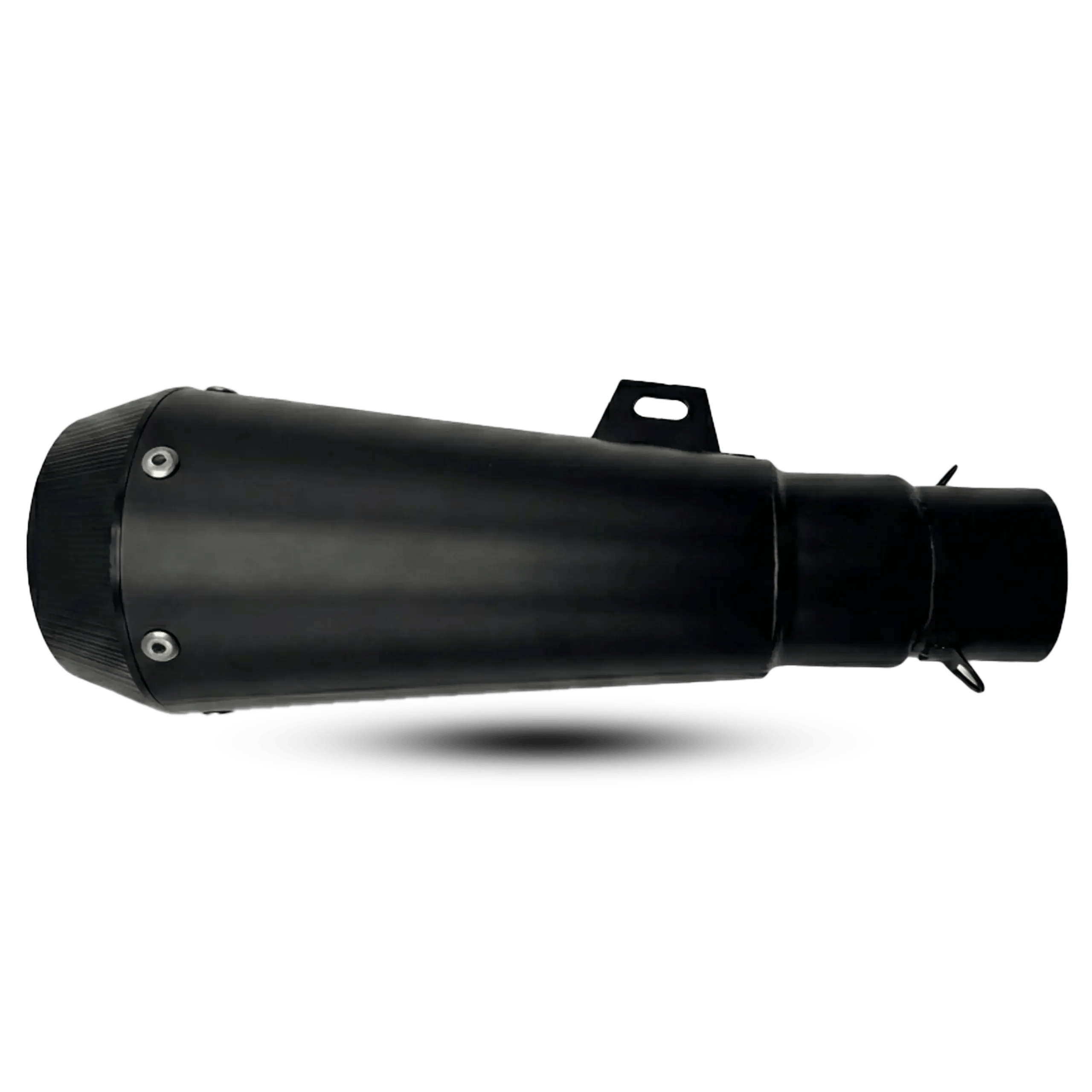 A sleek, unbranded matte black motorcycle slip-on exhaust featuring a textured carbon-fiber style end cap and a top mounting bracket, set against a dark background.