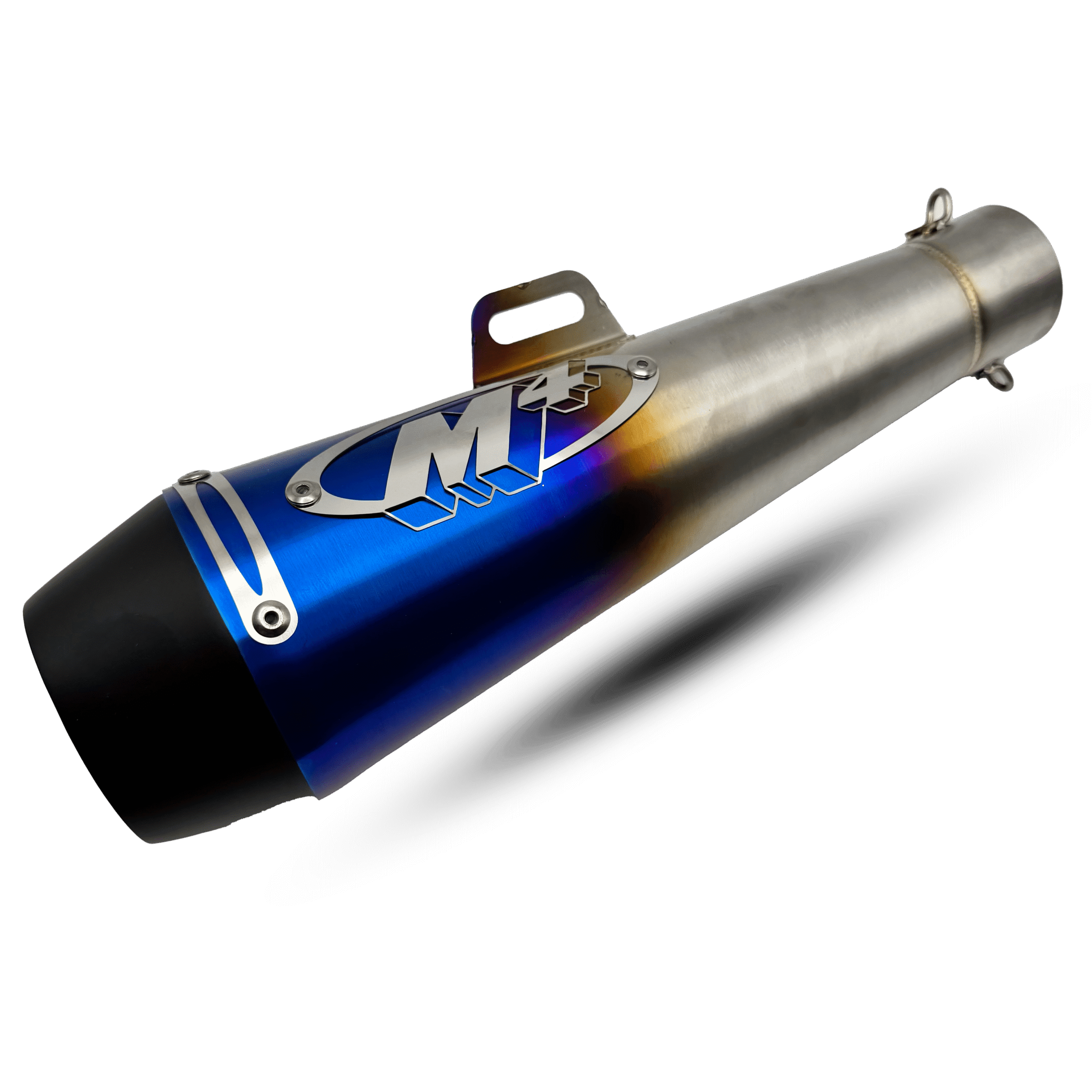 exhaust m4: Blue-silver motorcycle exhaust with a black tip and visible weld marks, providing a performance upgrade and sleek aesthetic.