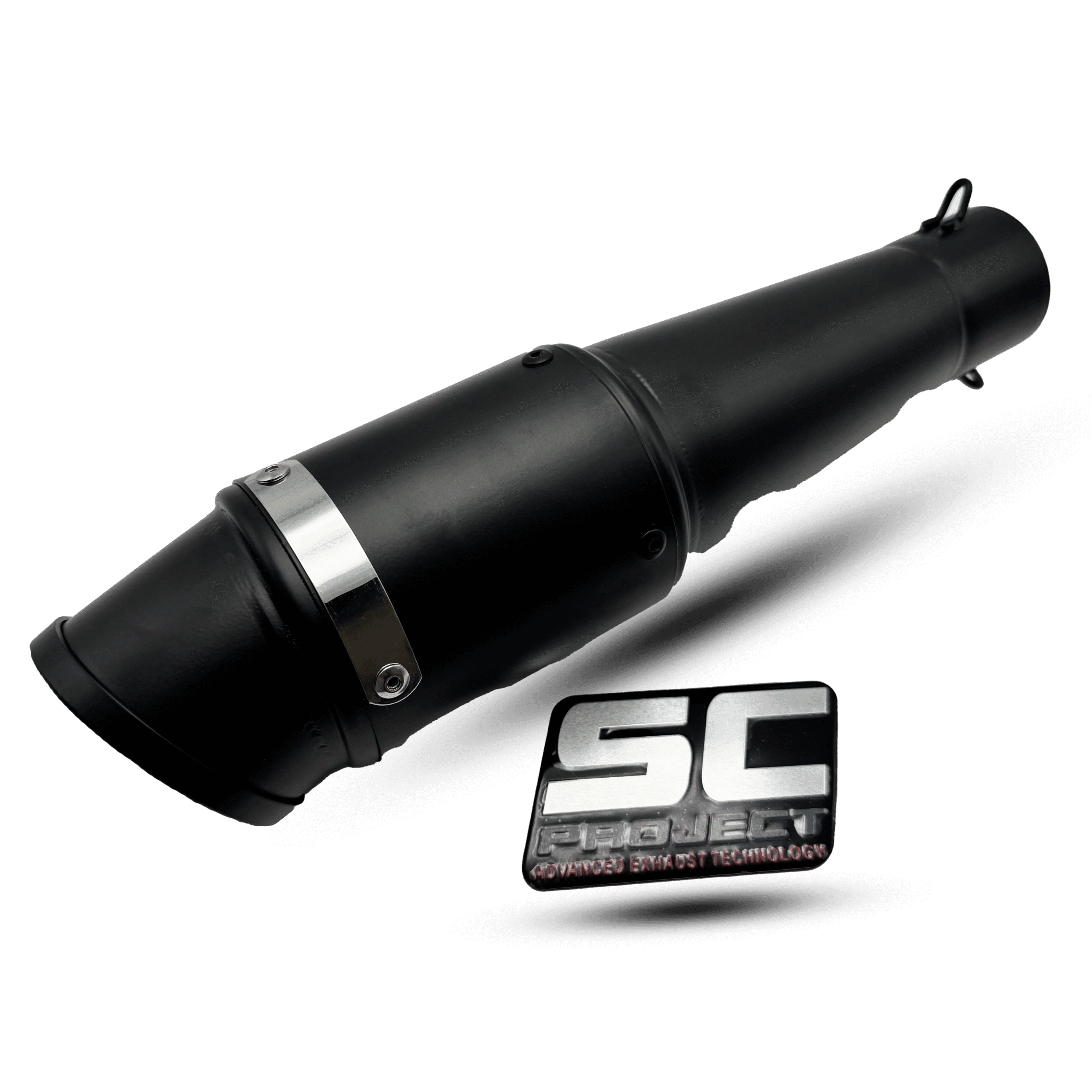 Black exhaust sc project v10 with silver clamp, showcasing advanced bike rst technology and sleek design.