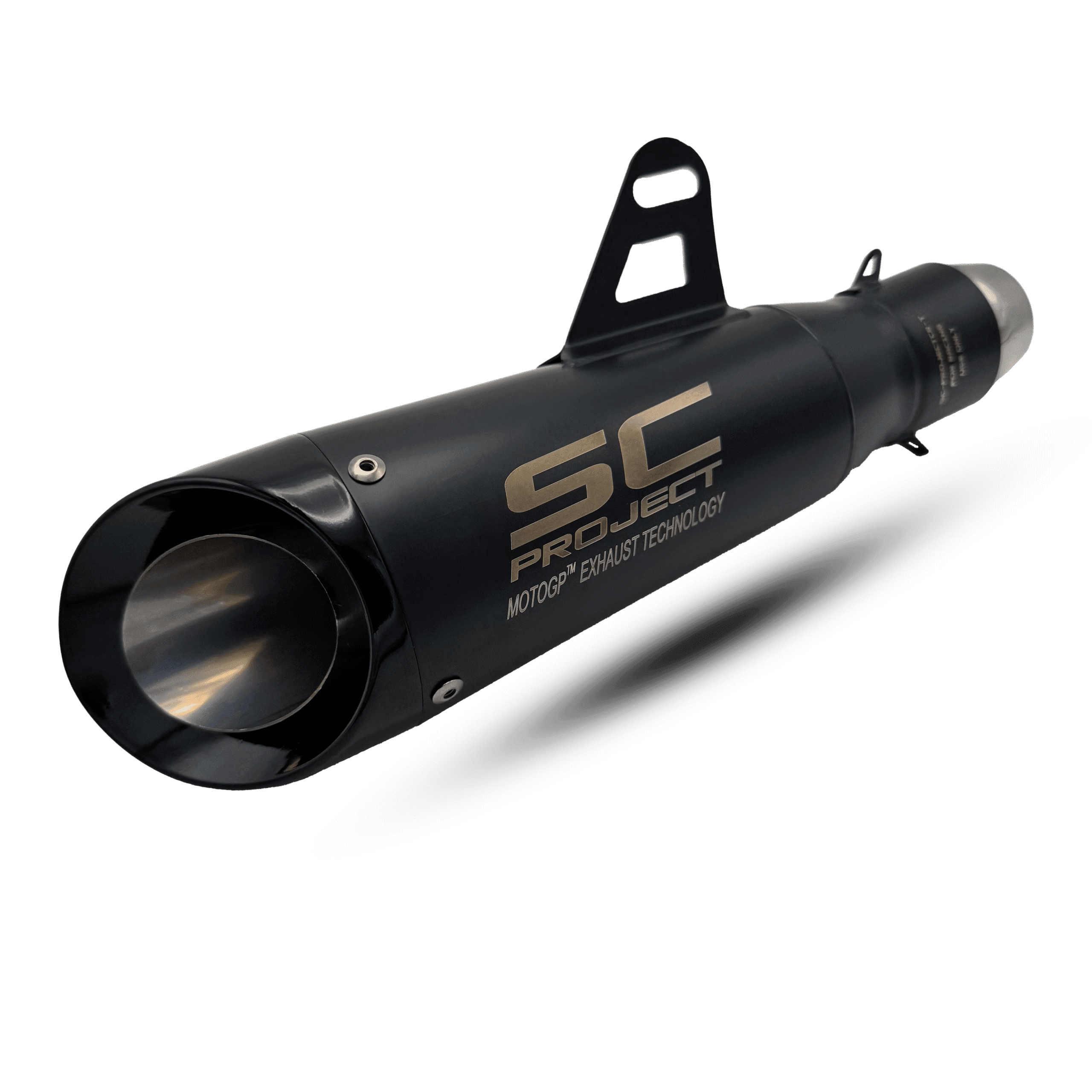 Black exhaust sc project v30 with gold logo, featuring a metallic silver interior, and a bracket for mounting.