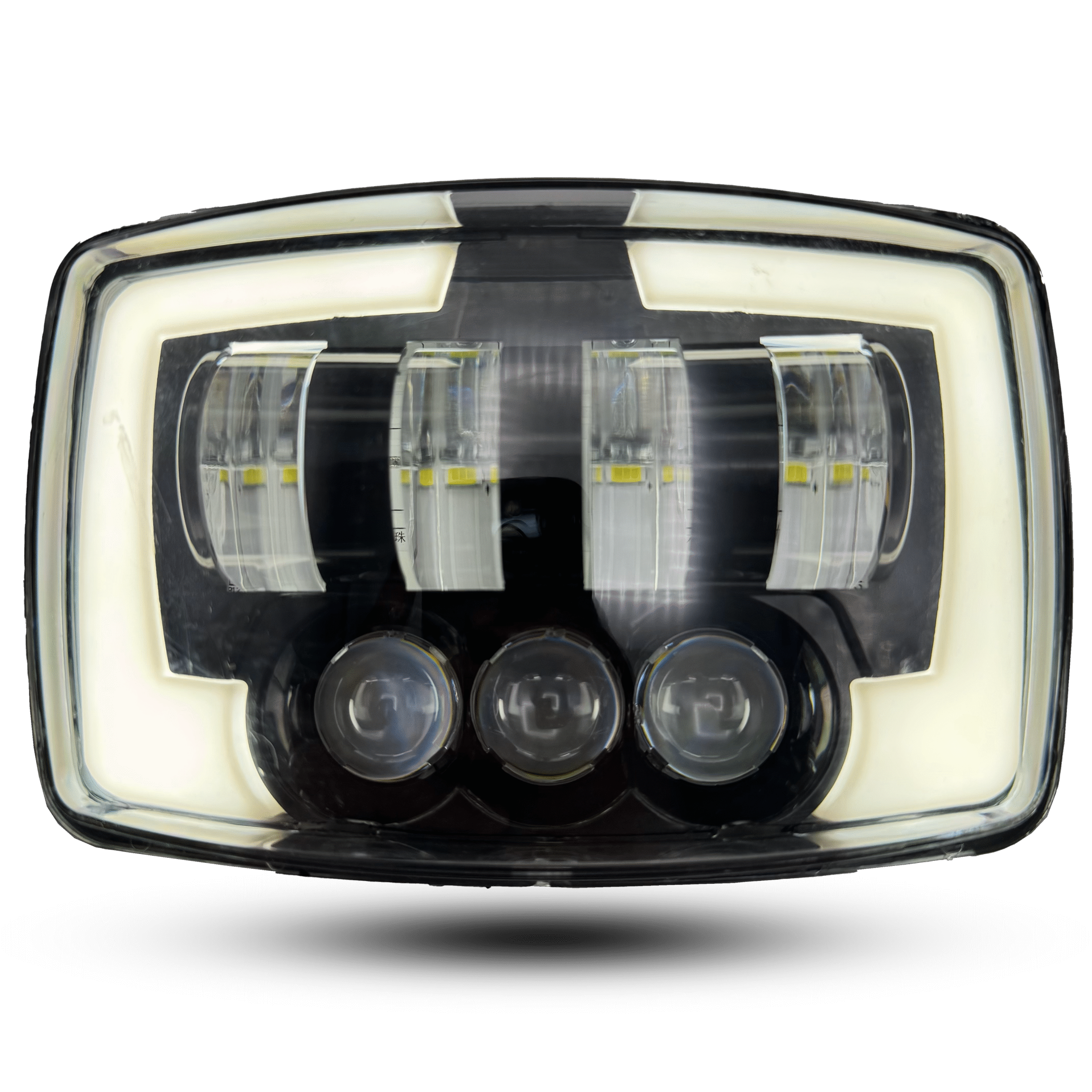 led panel ast: Rectangular LED light with clear casing, black backing, white LED border, central & lower LED clusters.