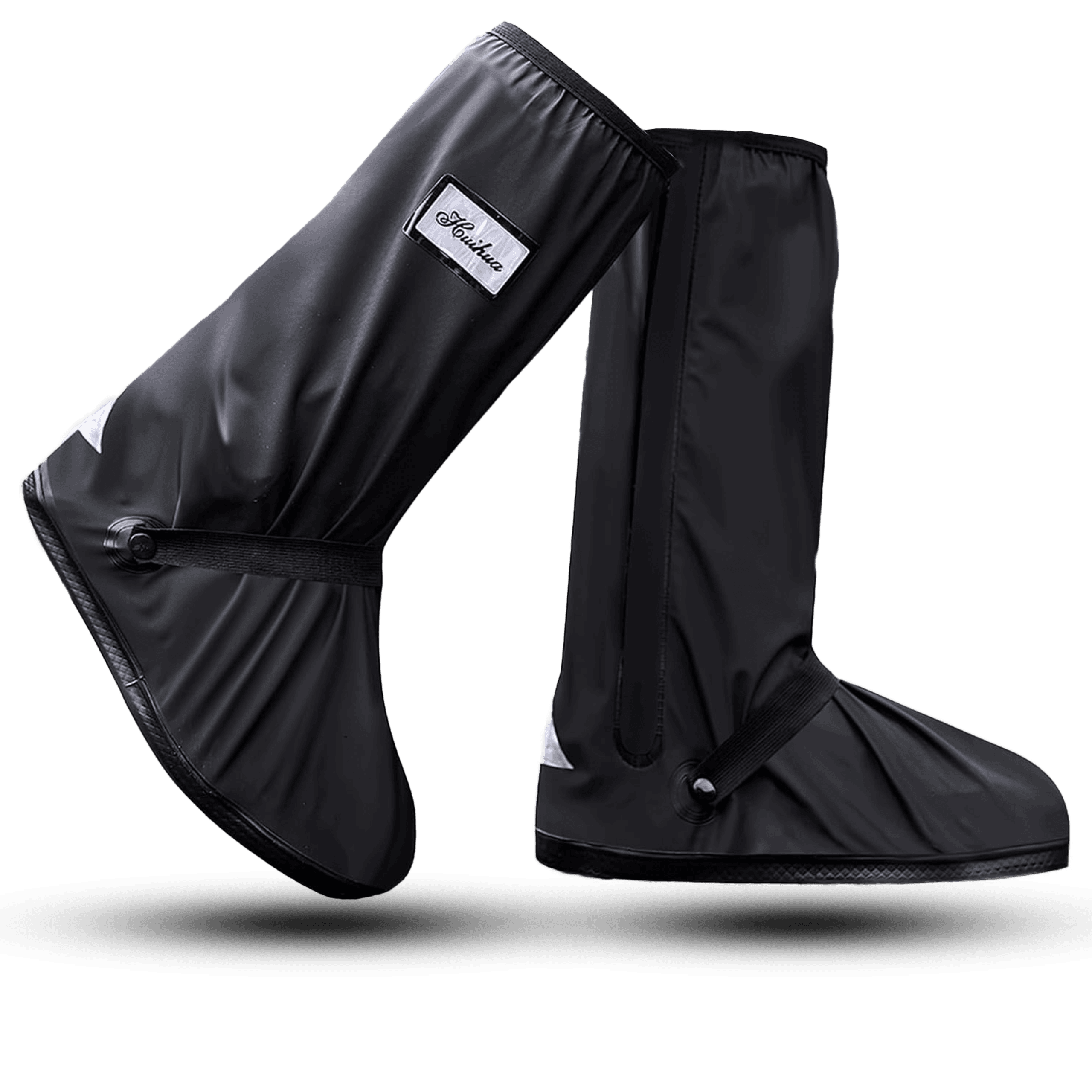 Black shoes rain cover; reusable, waterproof overshoes with elastic tops and adjustable straps for secure fit
