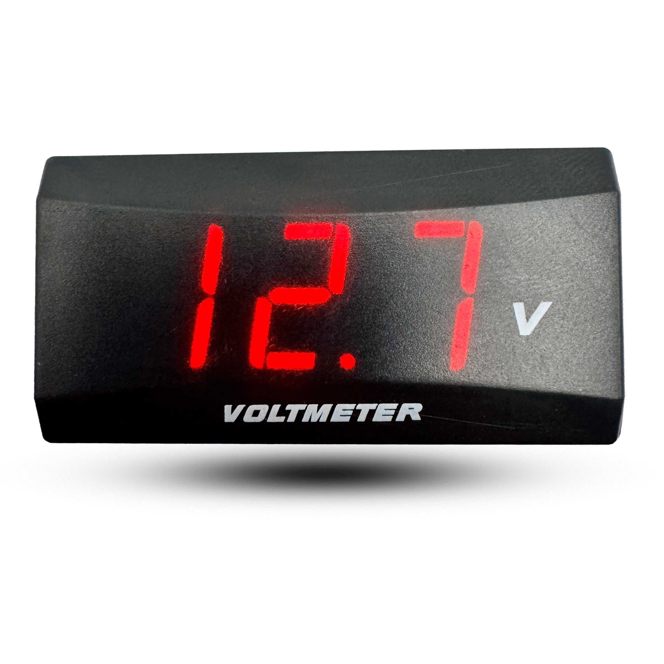 Digital led panel ast voltmeter displays 12.7 volts in bright red on a black panel.