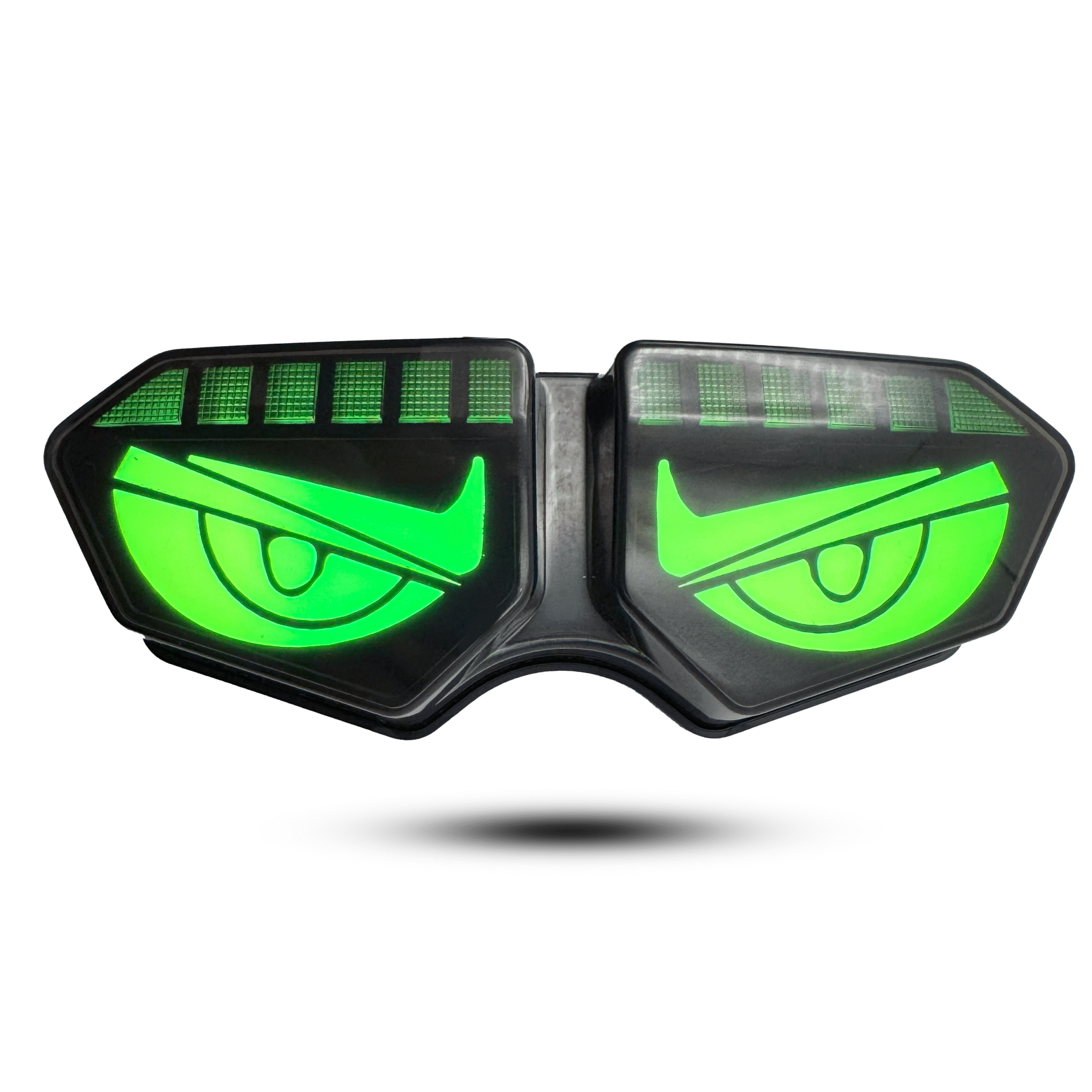 **back light eyes** with glowing green, angry-looking eyes set in a black, geometric frame.
