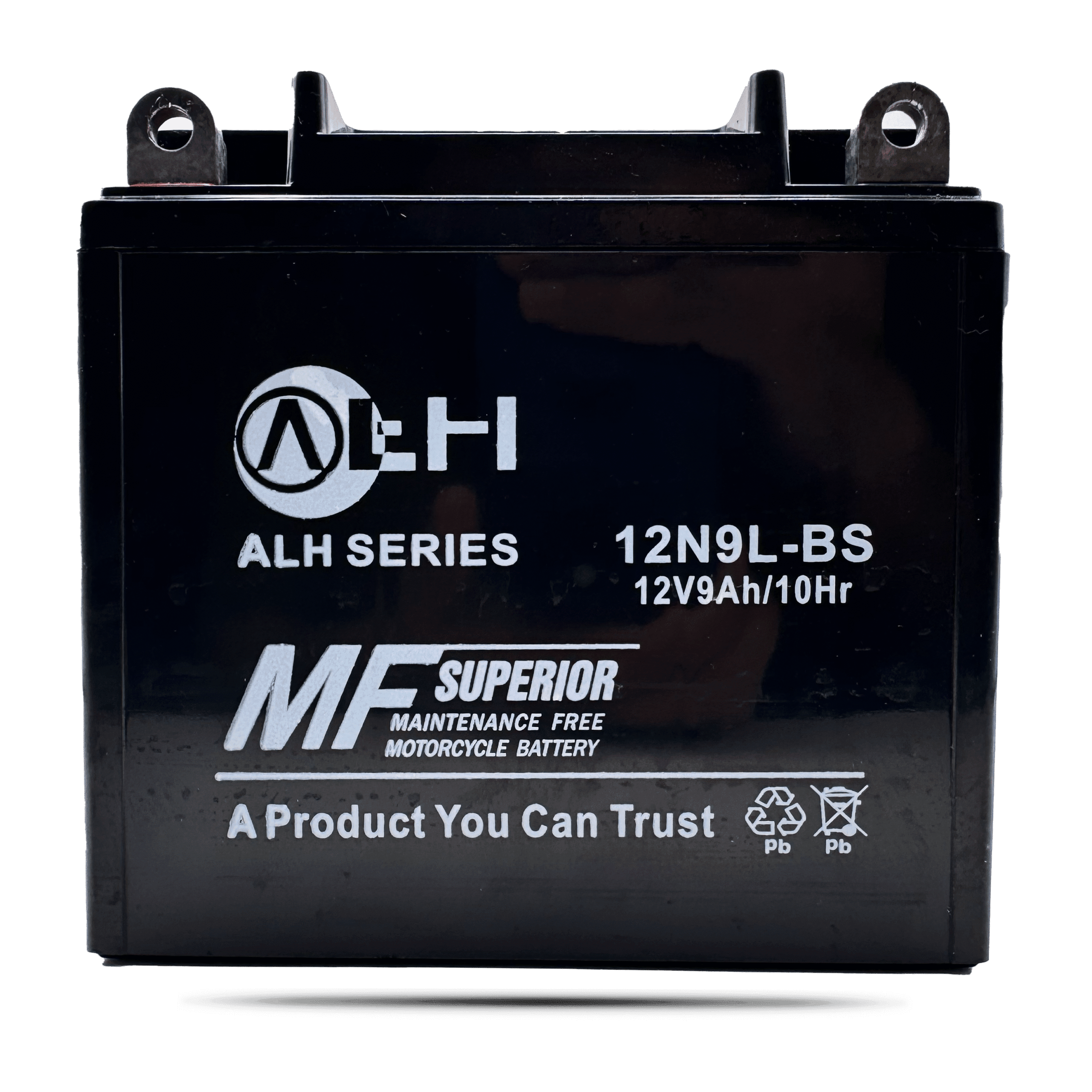 Black battery dry 12v-9ah, maintenance-free motorcycle battery, ALH Series 12N9L-BS, with terminals on top.