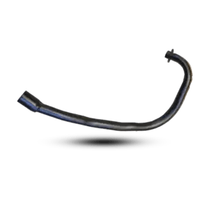 A smooth, curved matte black motorcycle exhaust bend pipe showing the top engine mounting flange, displayed against a dark background.