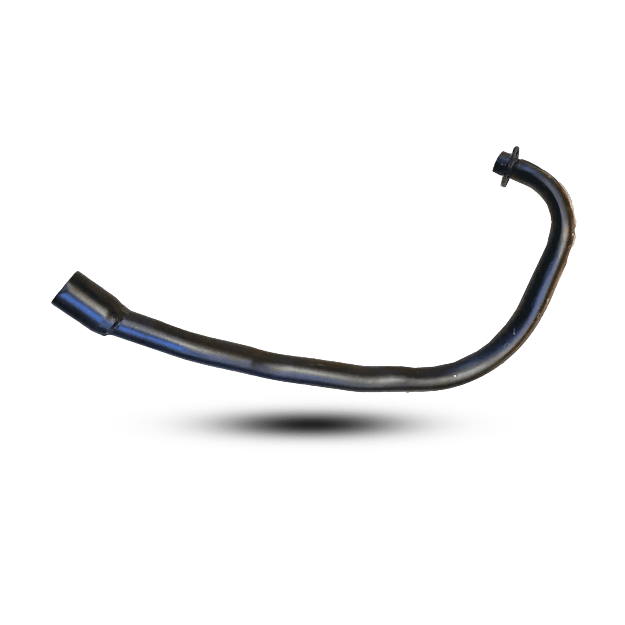 A smooth, curved matte black motorcycle exhaust bend pipe showing the top engine mounting flange, displayed against a dark background.