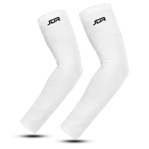 A product showcase featuring two distinct views of a person wearing a black compression arm sleeve with a white 'JDR' logo on the bicep band. On the left, a side-profile view shows the sleeve on a straight arm. On the right, a three-quarter back view shows the sleeve on an extended and bent arm with the hand on the hip. The person wears a grey heathered tank top against a neutral studio background.