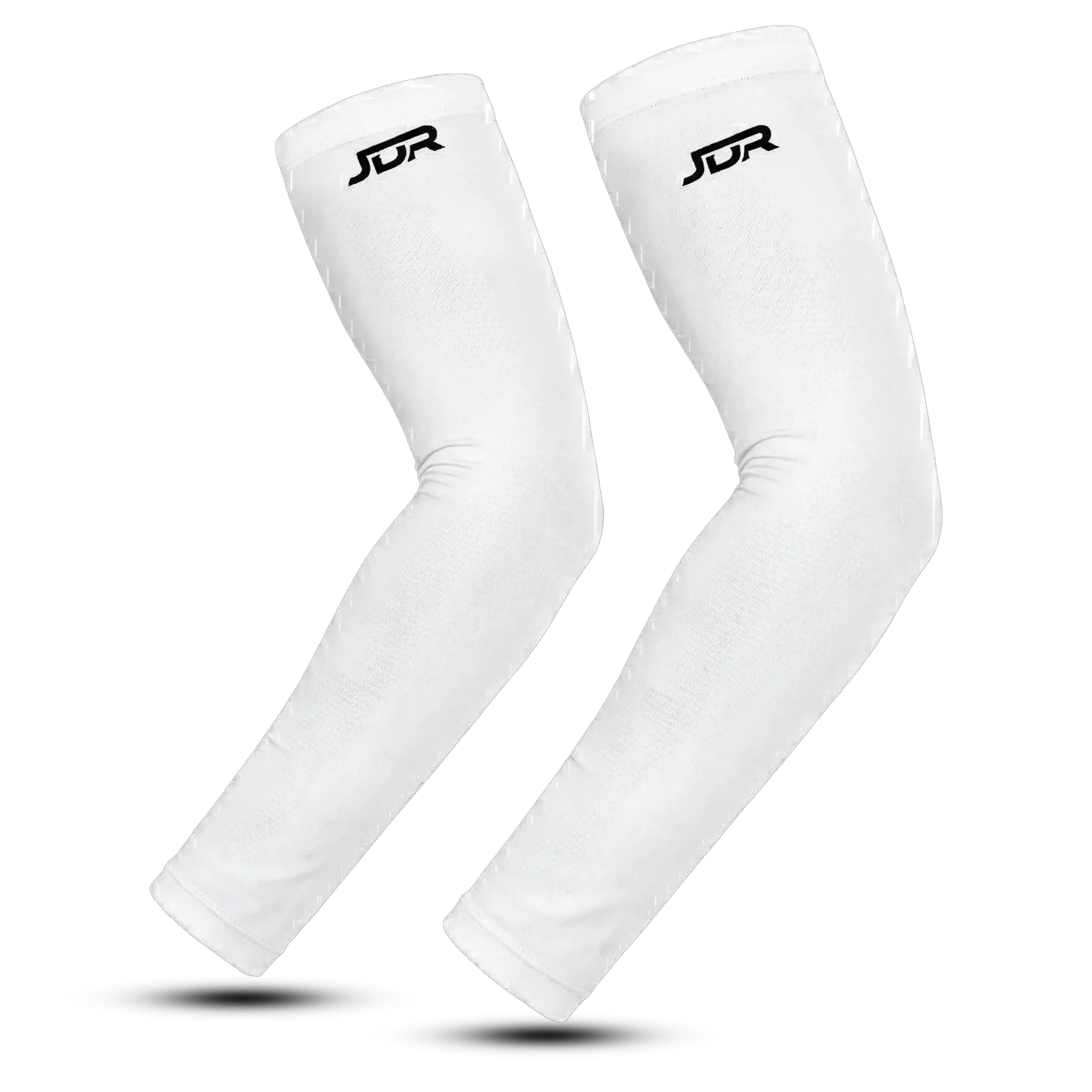 A product showcase featuring two distinct views of a person wearing a black compression arm sleeve with a white 'JDR' logo on the bicep band. On the left, a side-profile view shows the sleeve on a straight arm. On the right, a three-quarter back view shows the sleeve on an extended and bent arm with the hand on the hip. The person wears a grey heathered tank top against a neutral studio background.