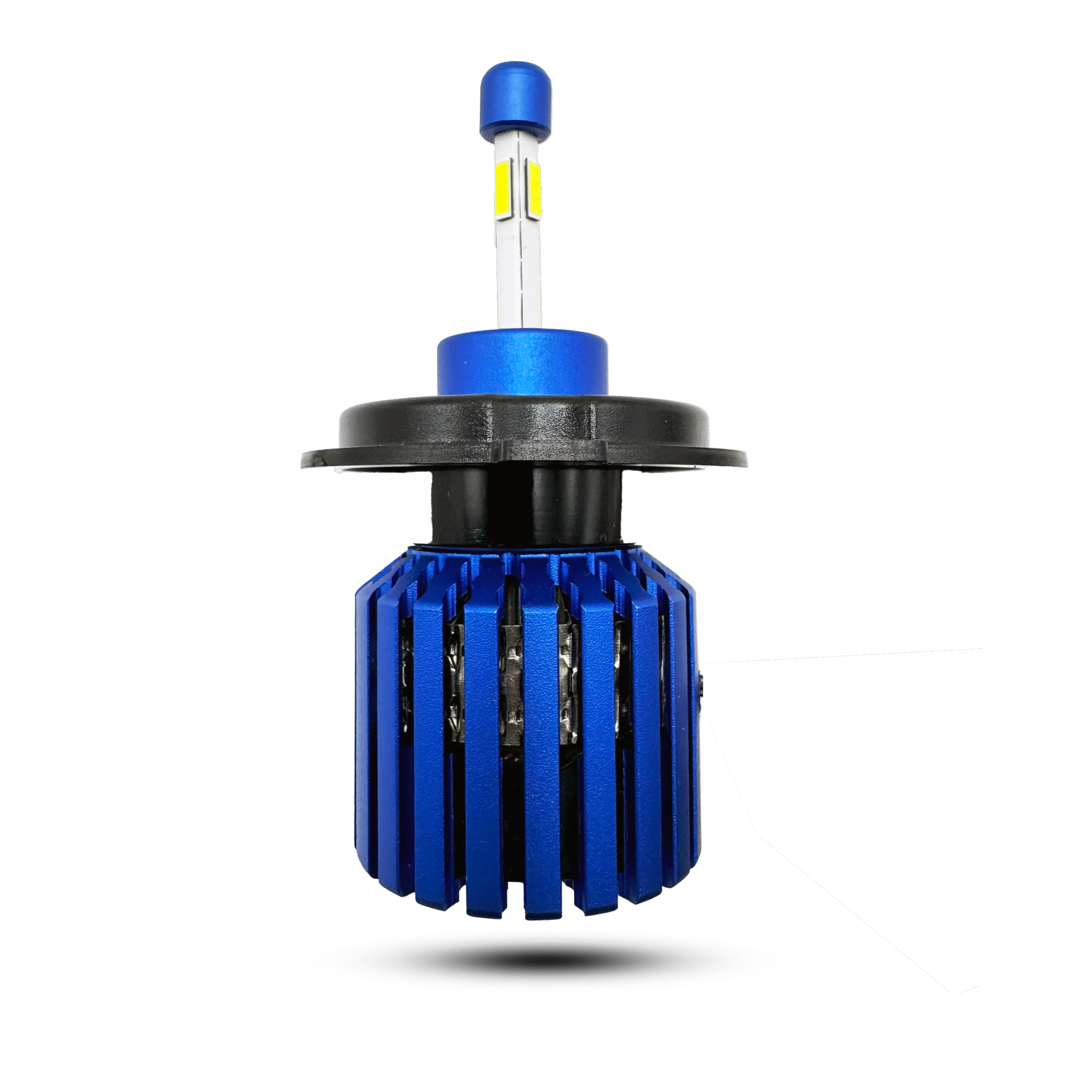 led m4 pro headlight bulb: blue ribbed heat sink, silver stem, and bright led for car headlight replacement