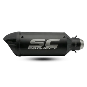 A matte black SC Project motorcycle exhaust muffler with a large metallic logo, visible hardware, and a distinctly shaped end cap, pictured on a dark background.