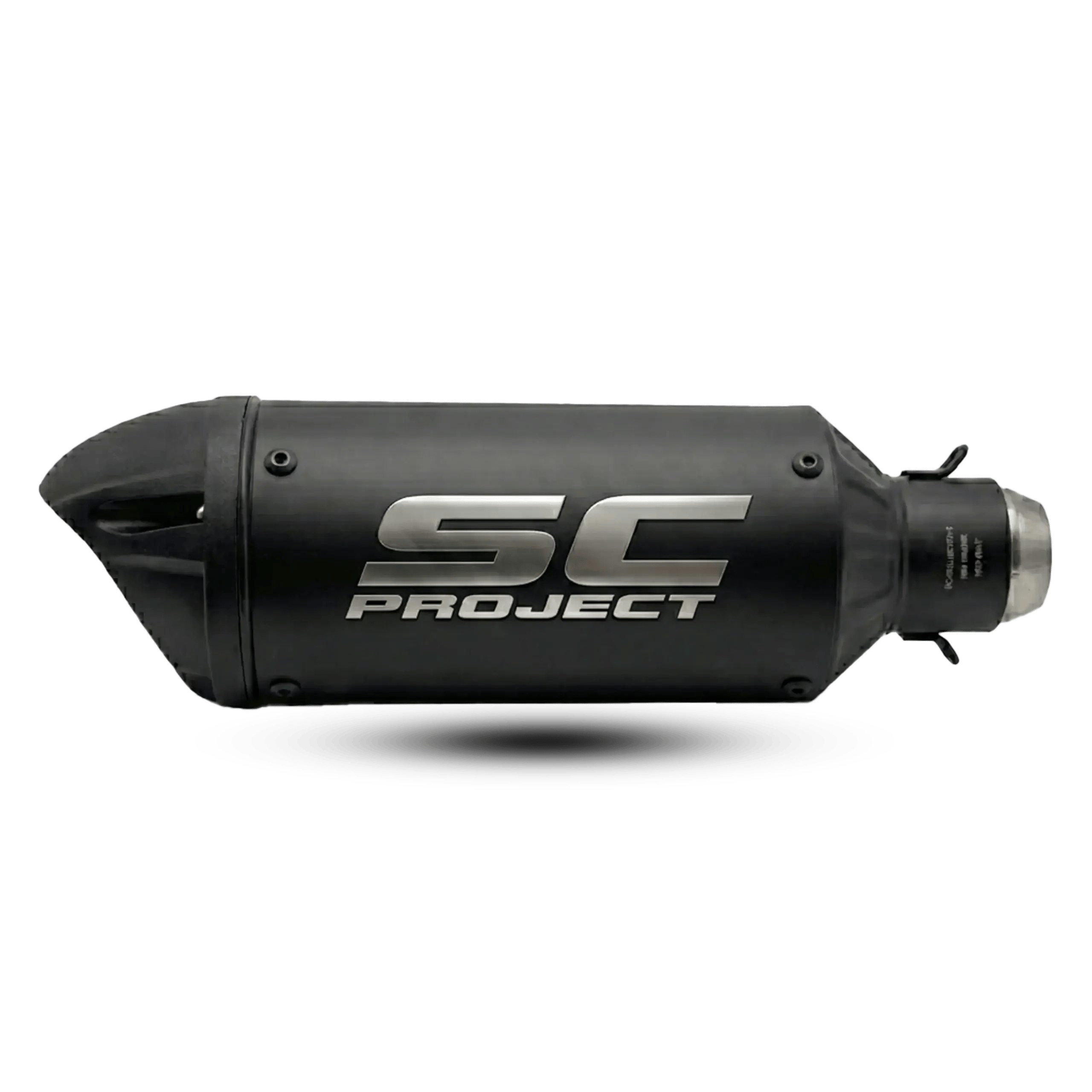 A matte black SC Project motorcycle exhaust muffler with a large metallic logo, visible hardware, and a distinctly shaped end cap, pictured on a dark background.