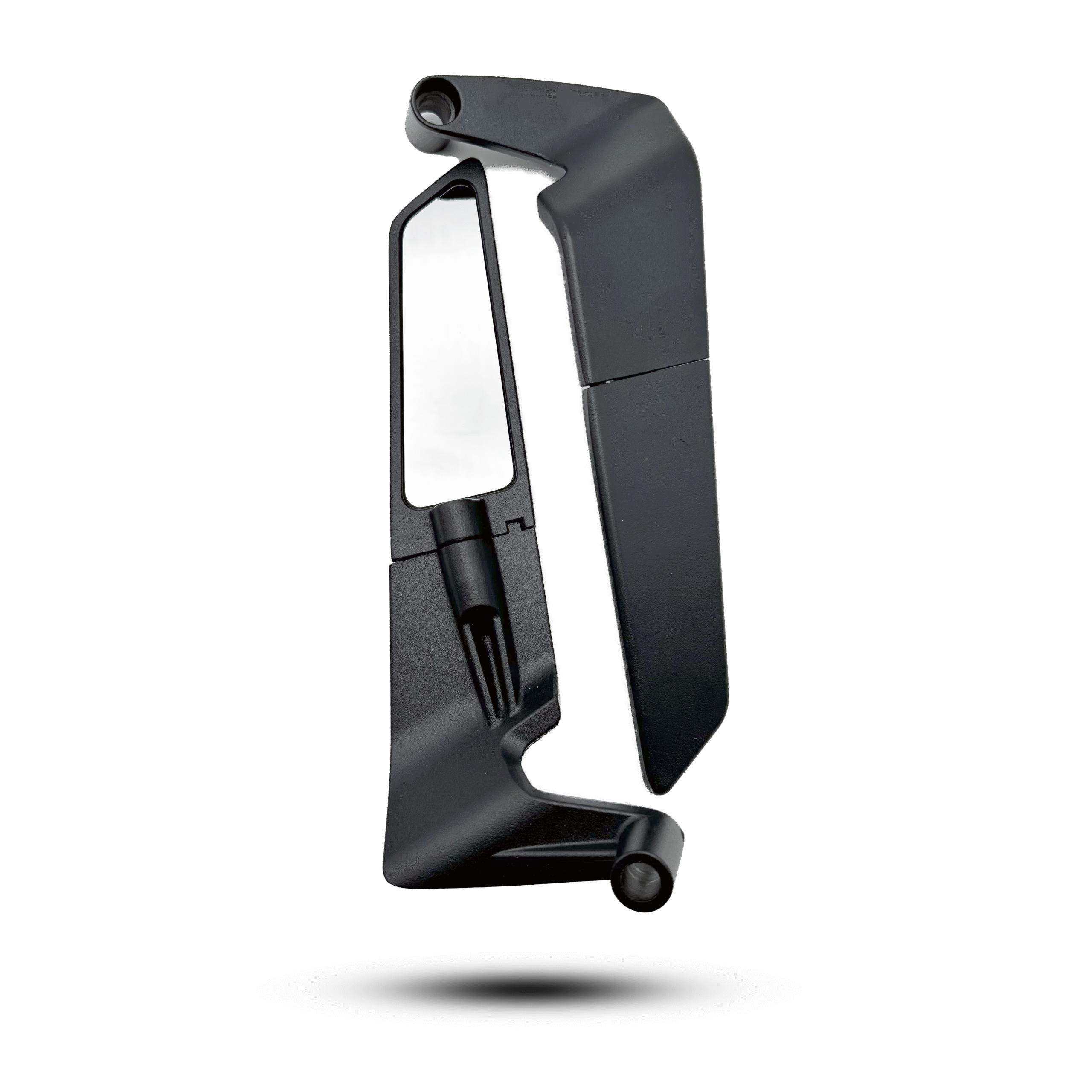 Black side mirror wings, showing the mirror and mounting bracket, designed for enhanced visibility and secure attachment