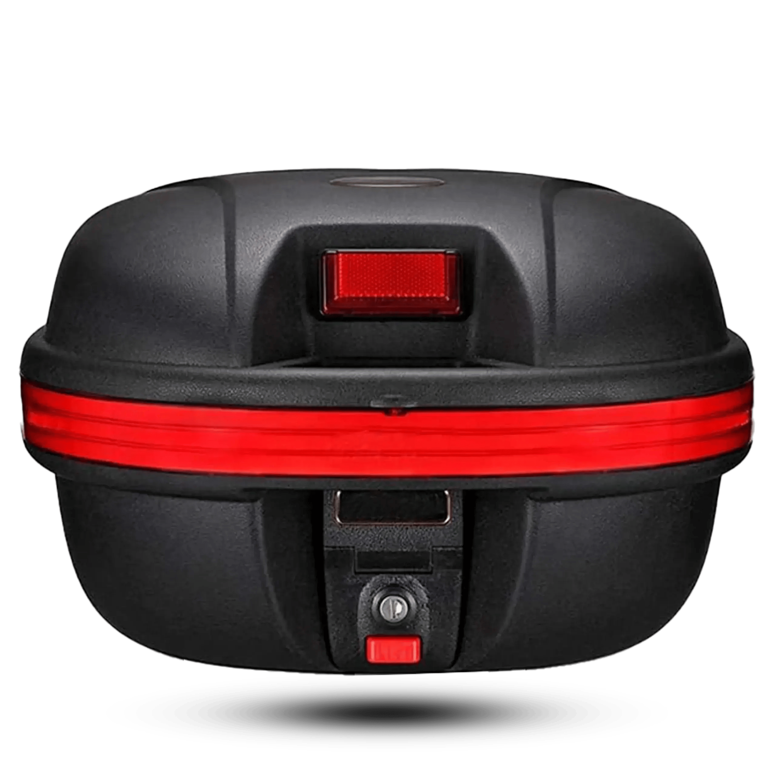 Open view showing a full-face helmet inside a black and red 29L motorcycle top box, highlighting its spacious interior and secure locking system.