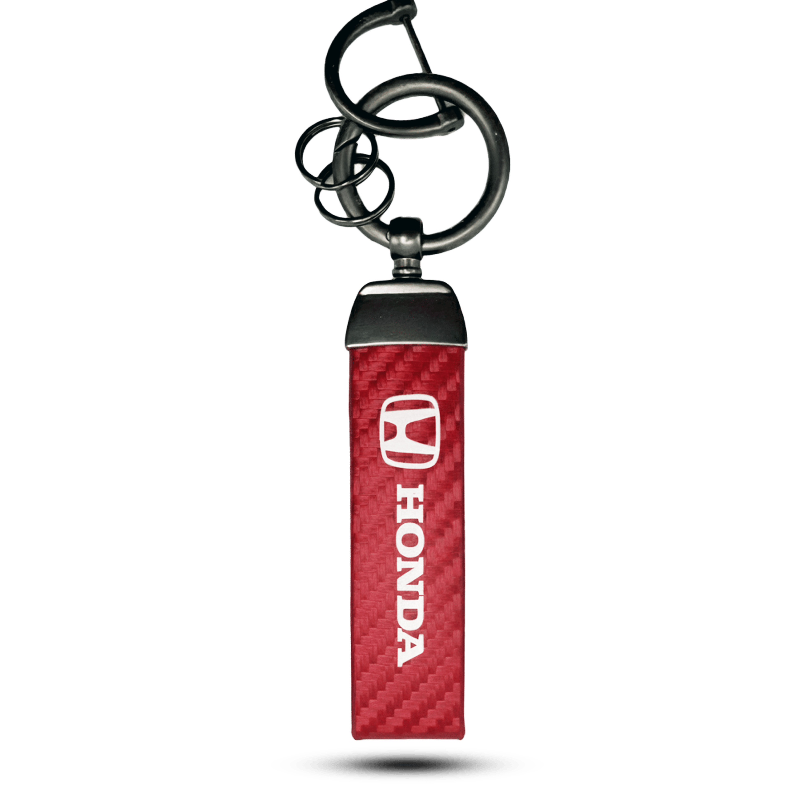 Honda carbon fiber keychain with red carbon fiber texture, silver honda logo, and black metal keyring, a stylish car accessory