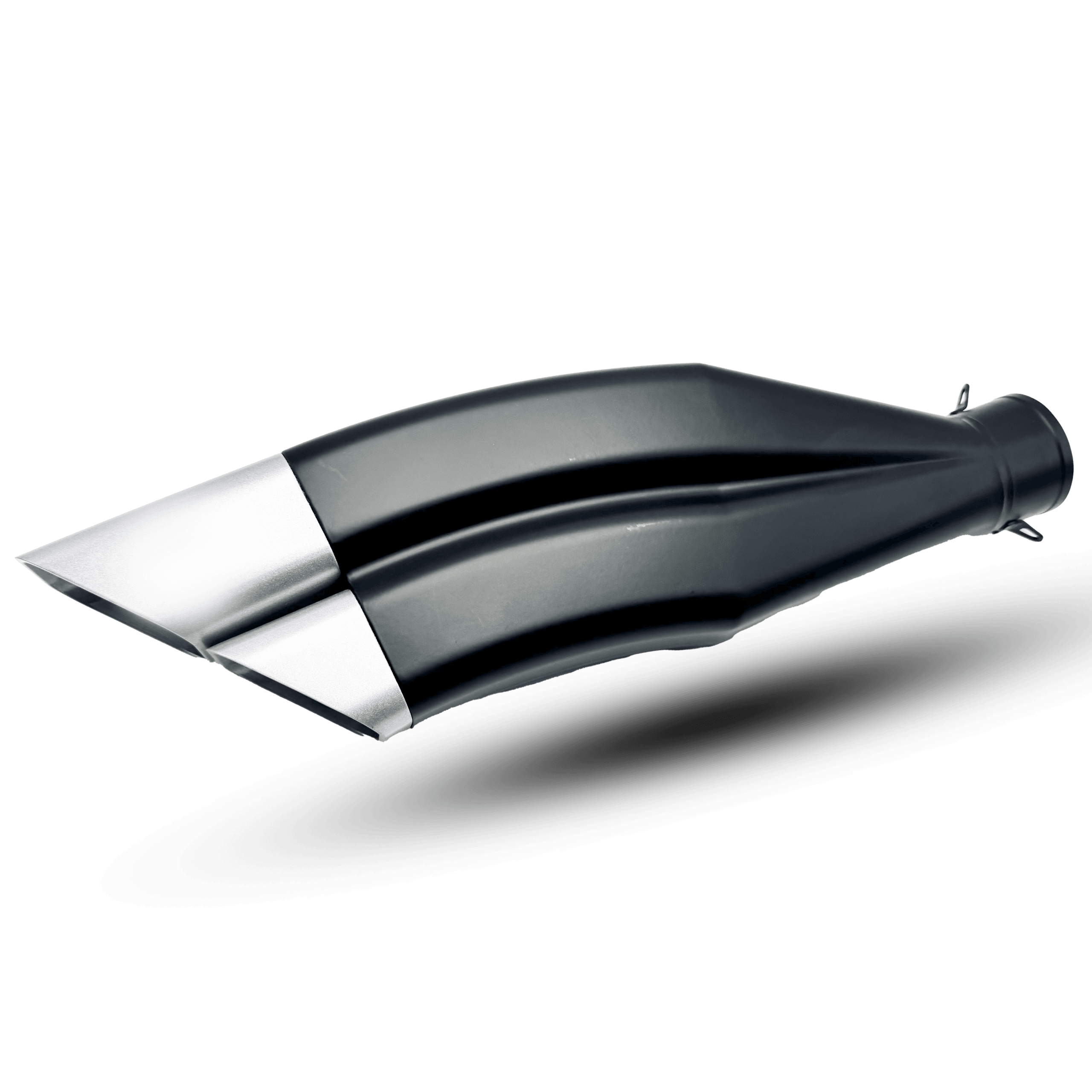 Sleek black exhaust akrapovhic dual-tip r2 with a distinctive dual silver tip design, enhancing both performance and style for motorcycles.