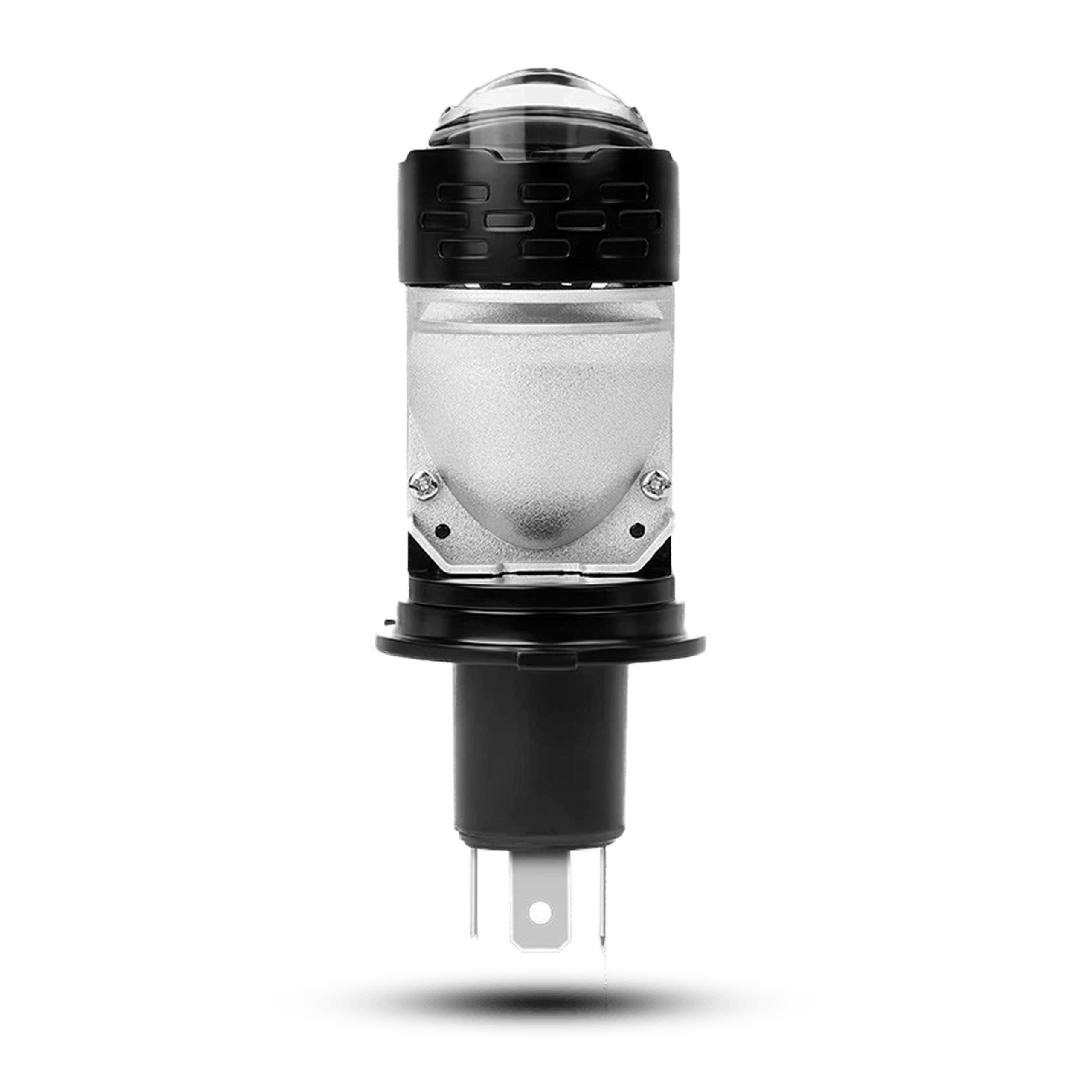 H4 LED Headlight Bulb English h4 led headlight bulb: silver and black, featuring a clear projector lens and a distinctive cooling structure.