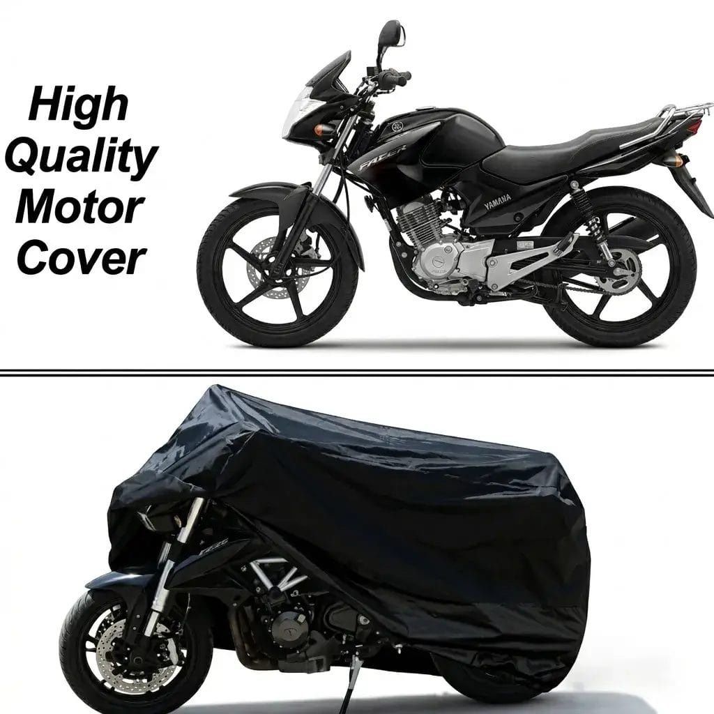 A two-panel product image showing a black motorcycle at the top next to the text "High Quality Motor Cover" on a white background, and a second motorcycle below partially covered by a black waterproof cover.