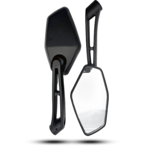 Black side mirror benelli style set; one with visible reflective surface, showcasing sleek, modern design.